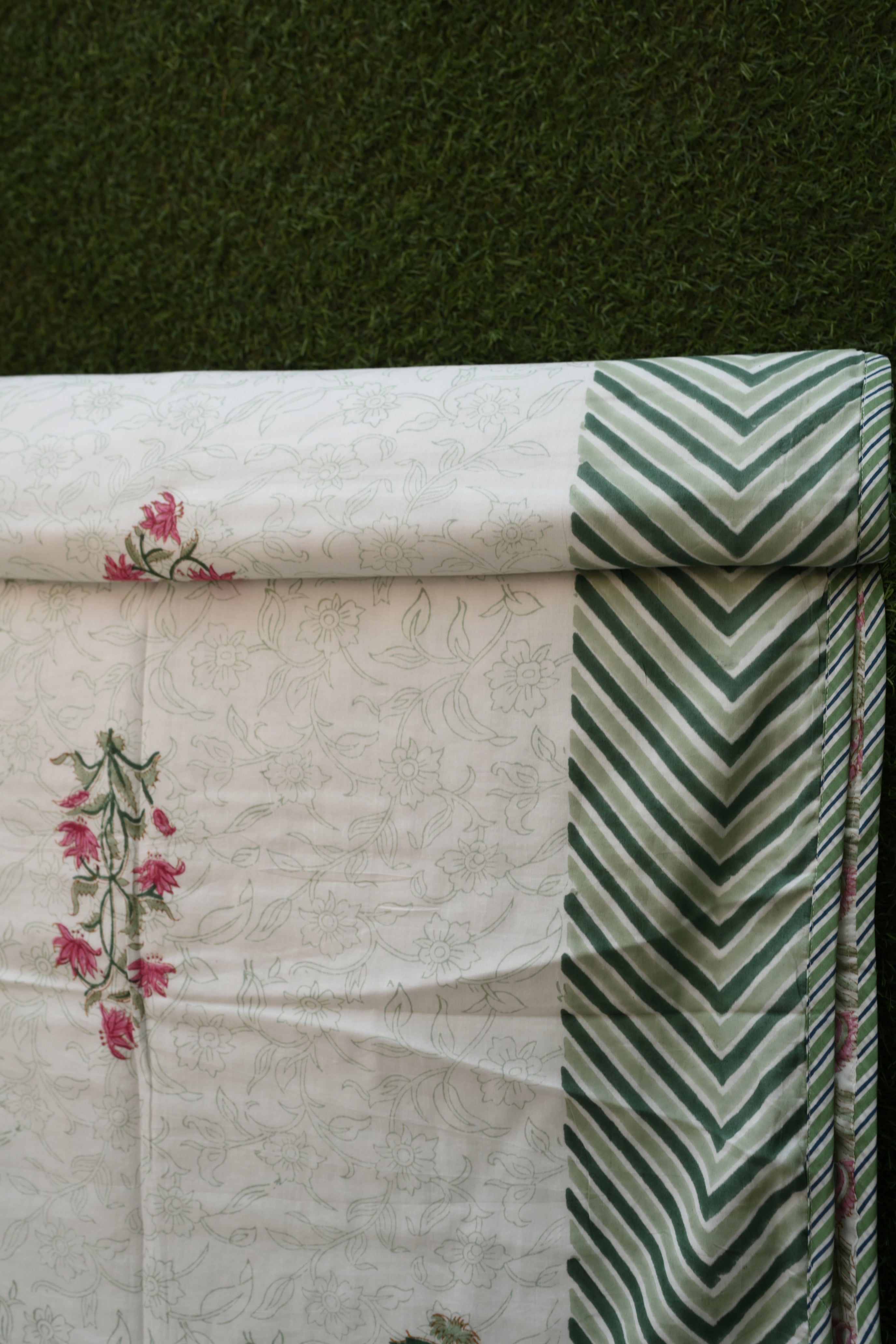 Soft Sage Floral Motif Hand-Block Printed Pure Cotton Summer Dohar 60x90
