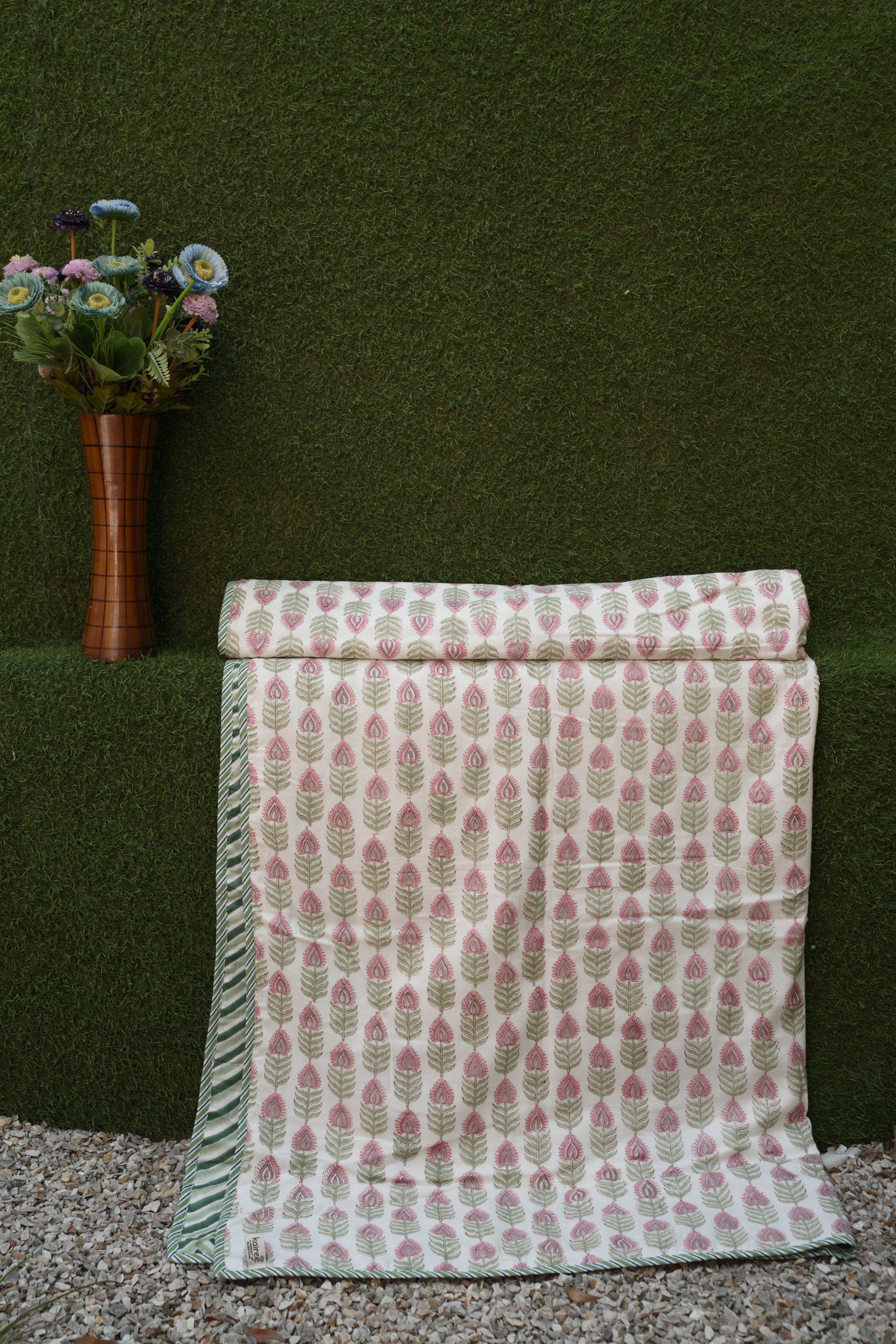 Soft Sage Floral Motif Hand-Block Printed Pure Cotton Summer Dohar 60x90