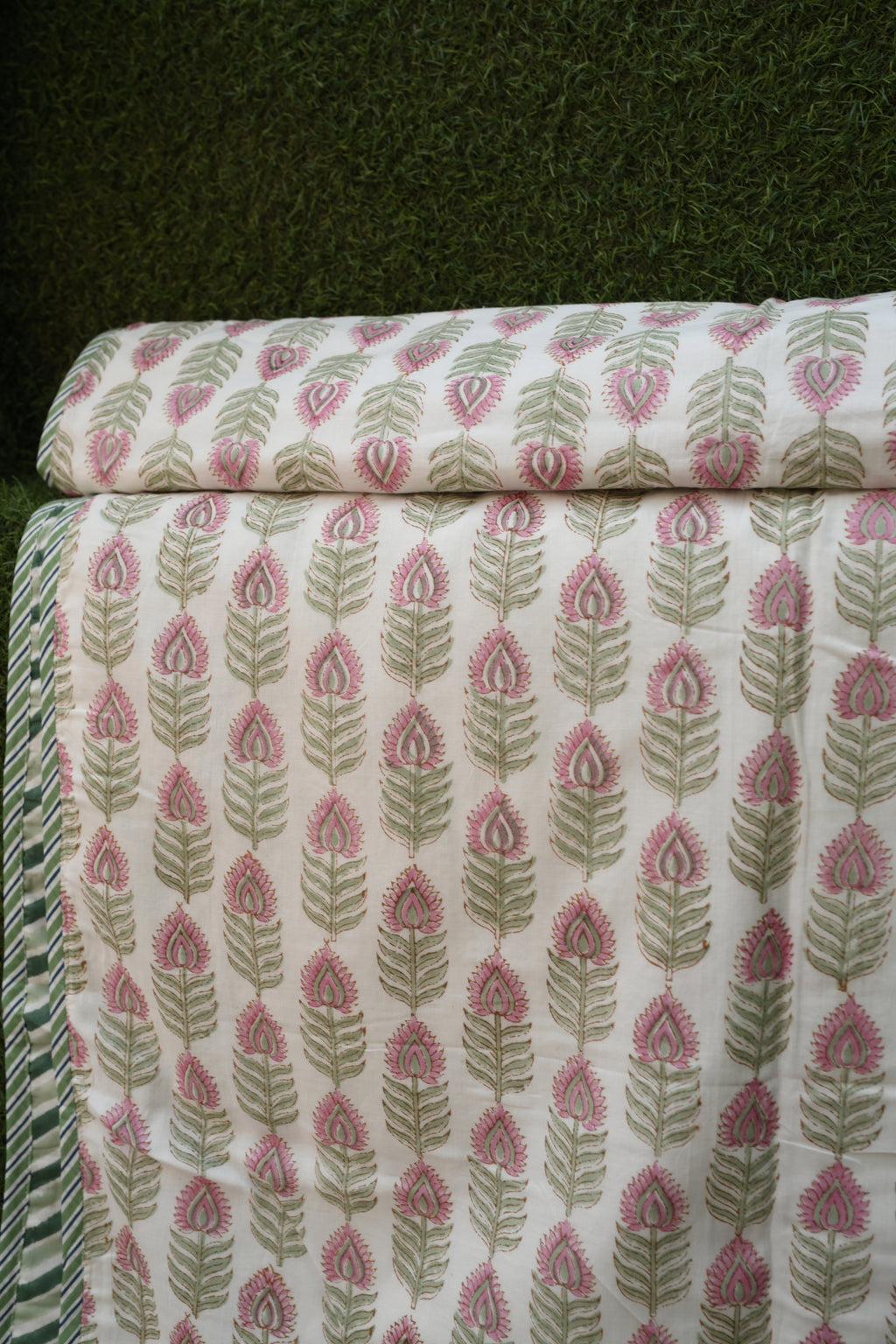 Soft Sage Floral Motif Hand-Block Printed Pure Cotton Summer Dohar 60x90