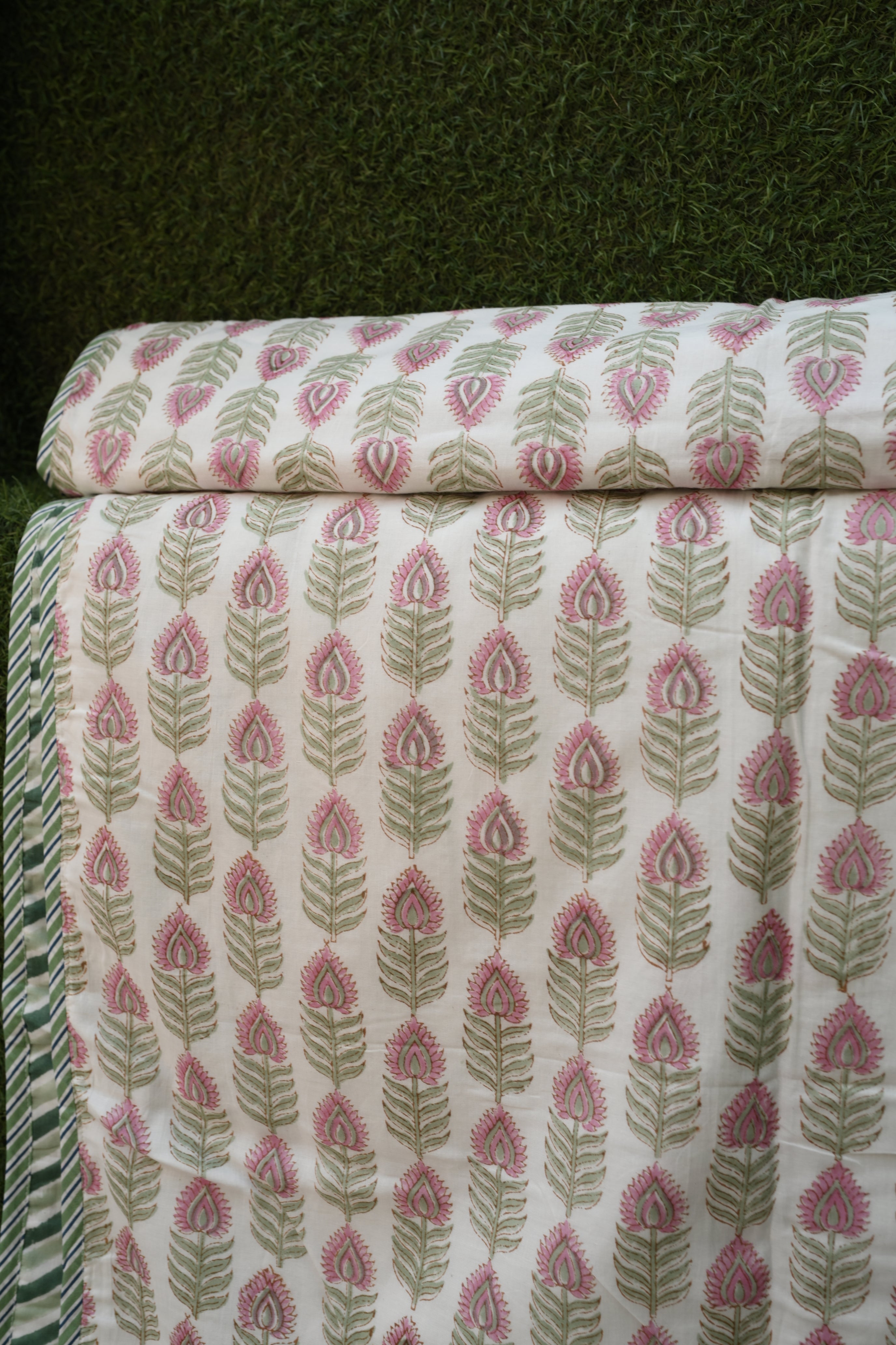 Soft Sage Floral Motif Hand-Block Printed Pure Cotton Summer Dohar 60x90