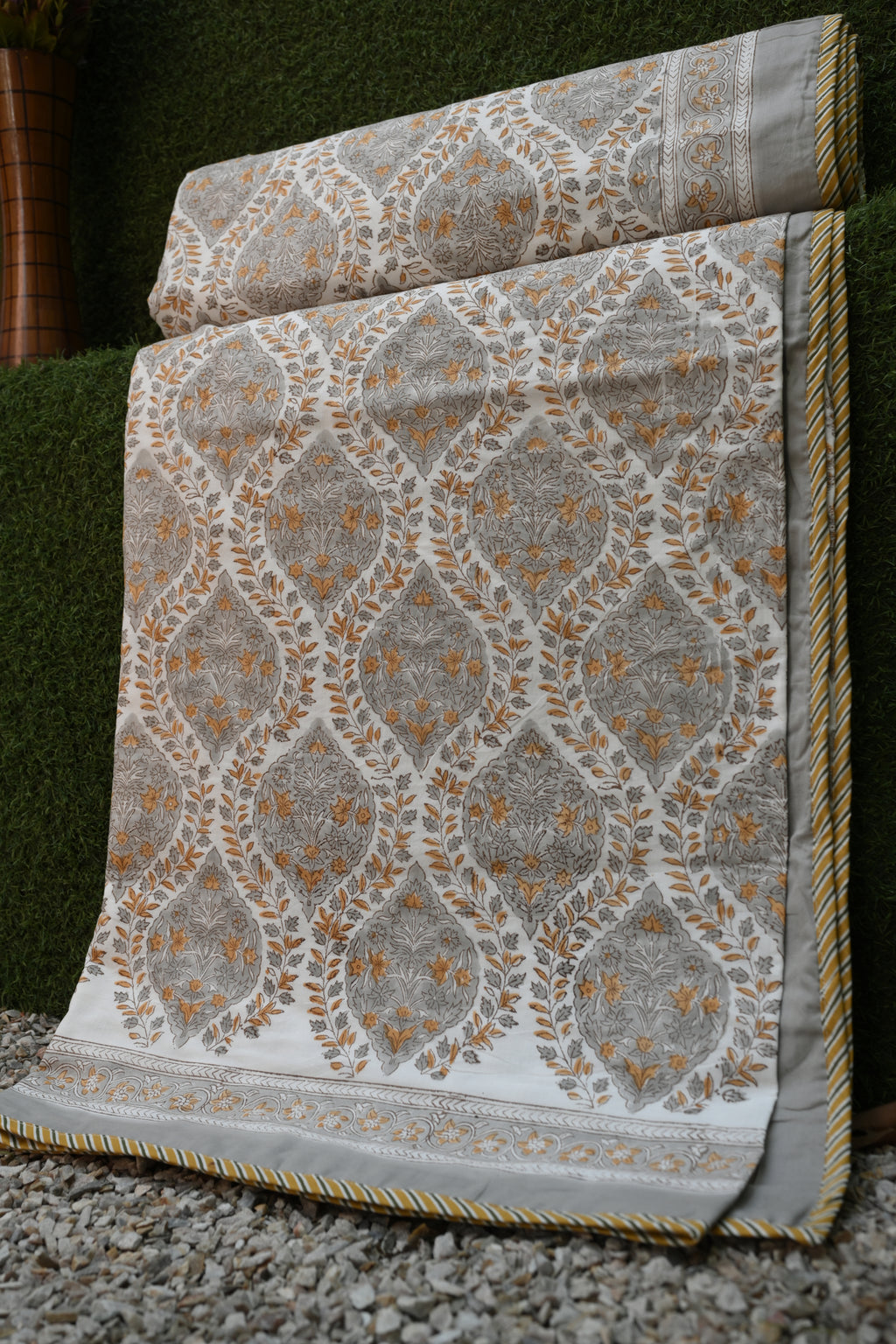 Charcoal Grey & Ochre Hand-Block Printed Pure Cotton Summer Dohar 90x108