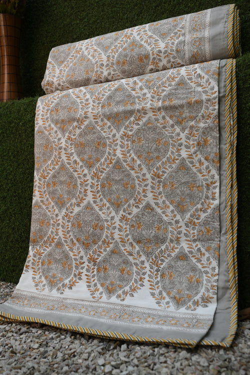 Charcoal Grey & Ochre Hand-Block Printed Pure Cotton Summer Dohar 90x108