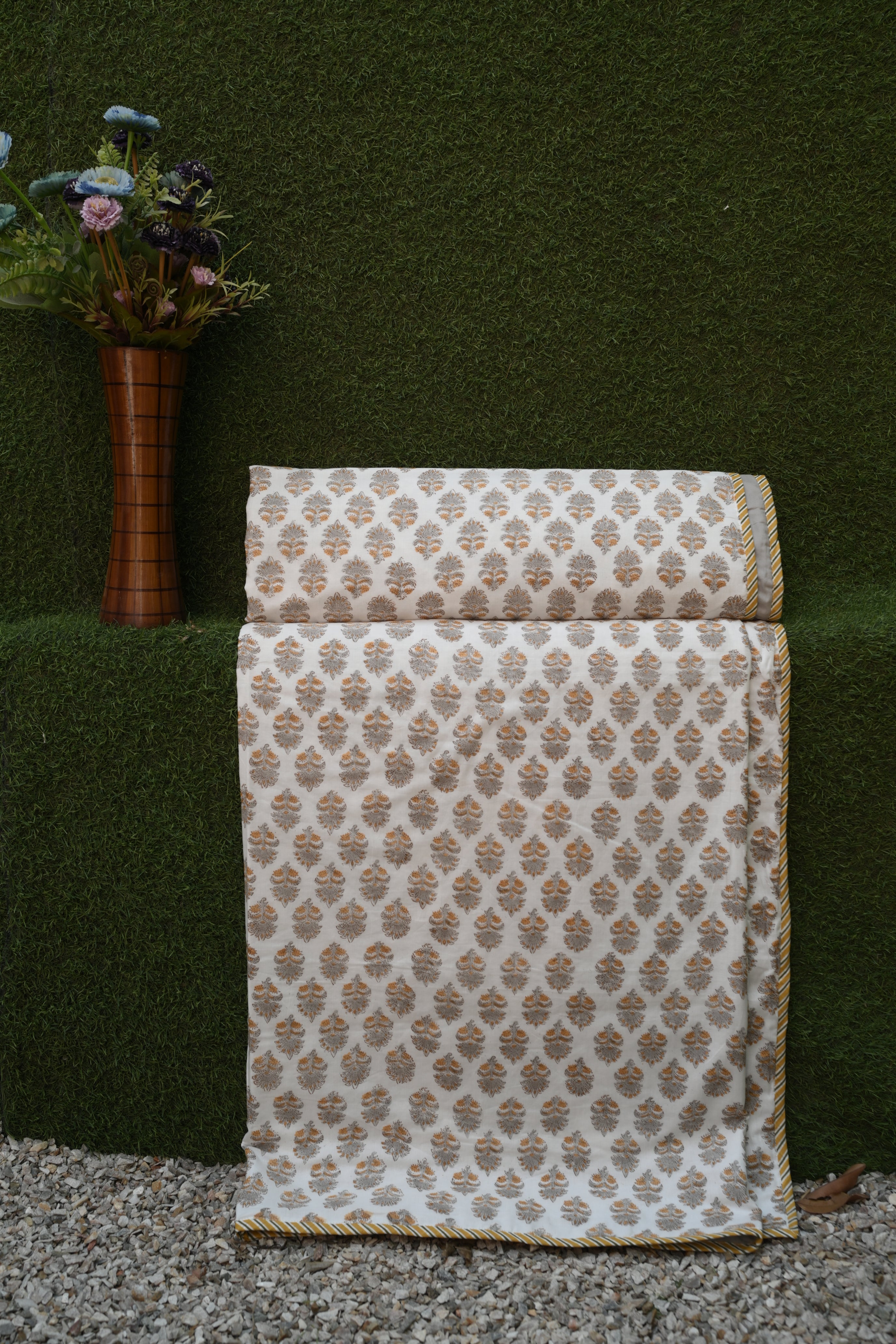 Charcoal Grey & Ochre Hand-Block Printed Pure Cotton Summer Dohar 90x108