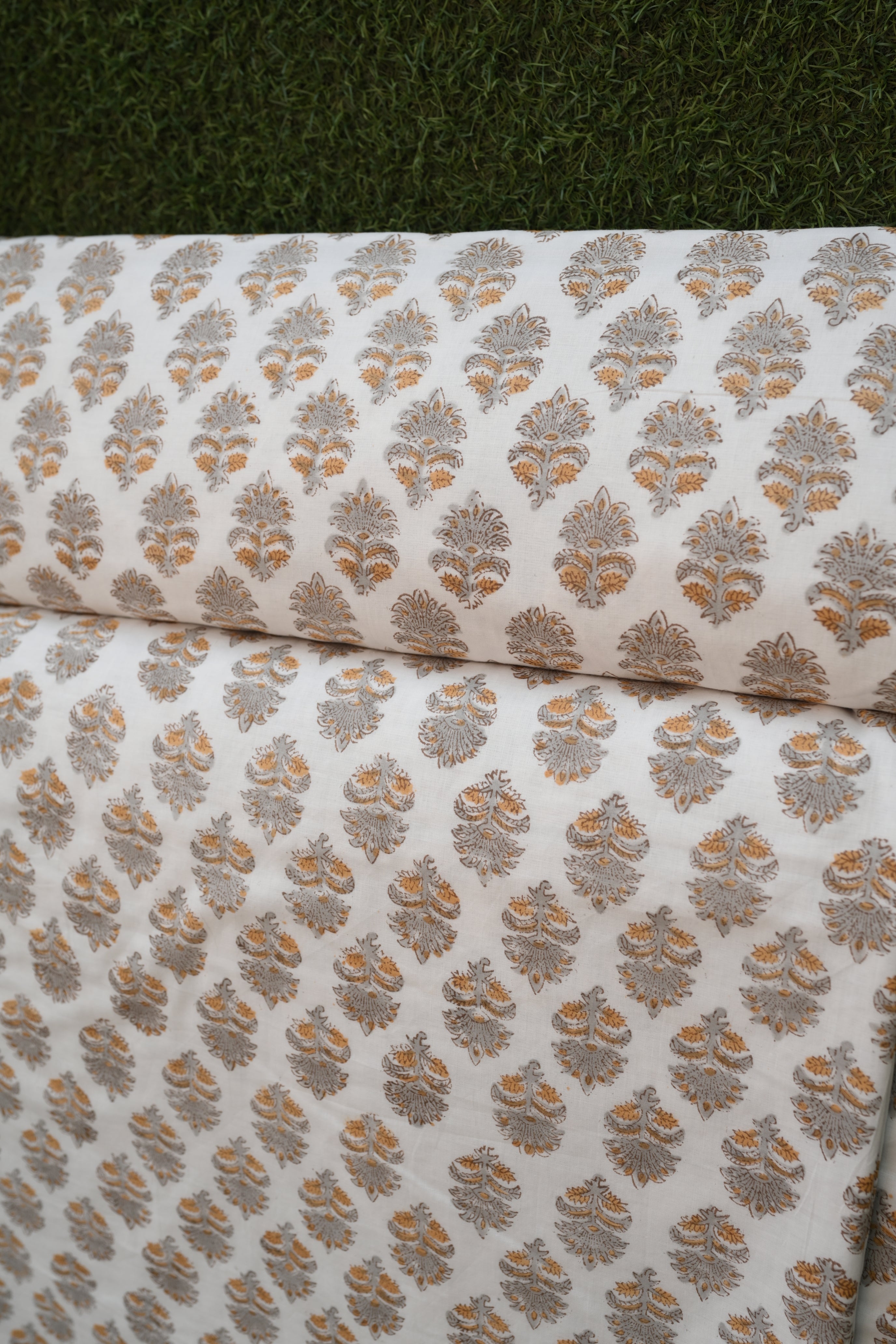 Charcoal Grey & Ochre Hand-Block Printed Pure Cotton Summer Dohar 90x108