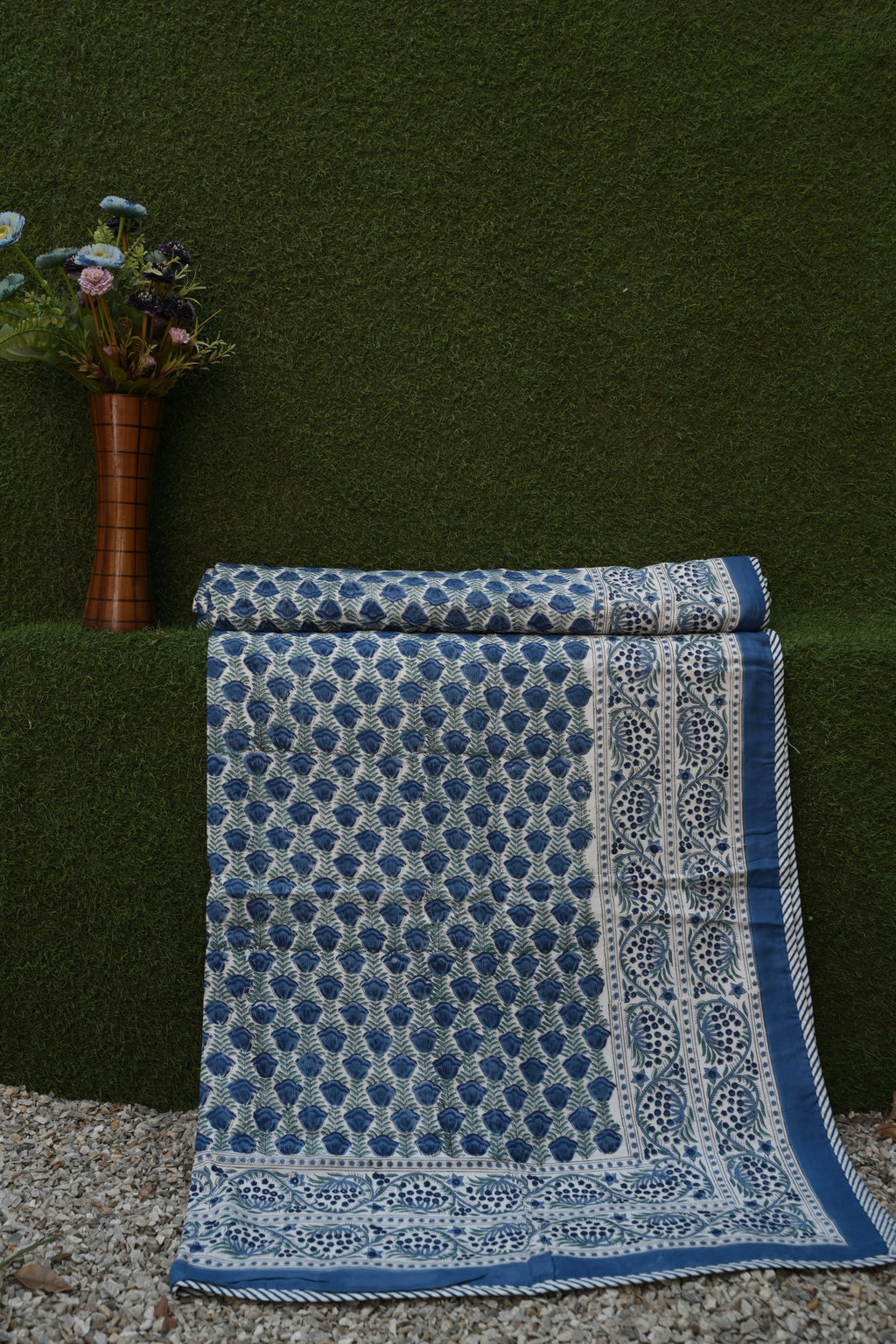Indigo Ocean Floral Hand-Block Printed Pure Cotton Summer Dohar 60x90