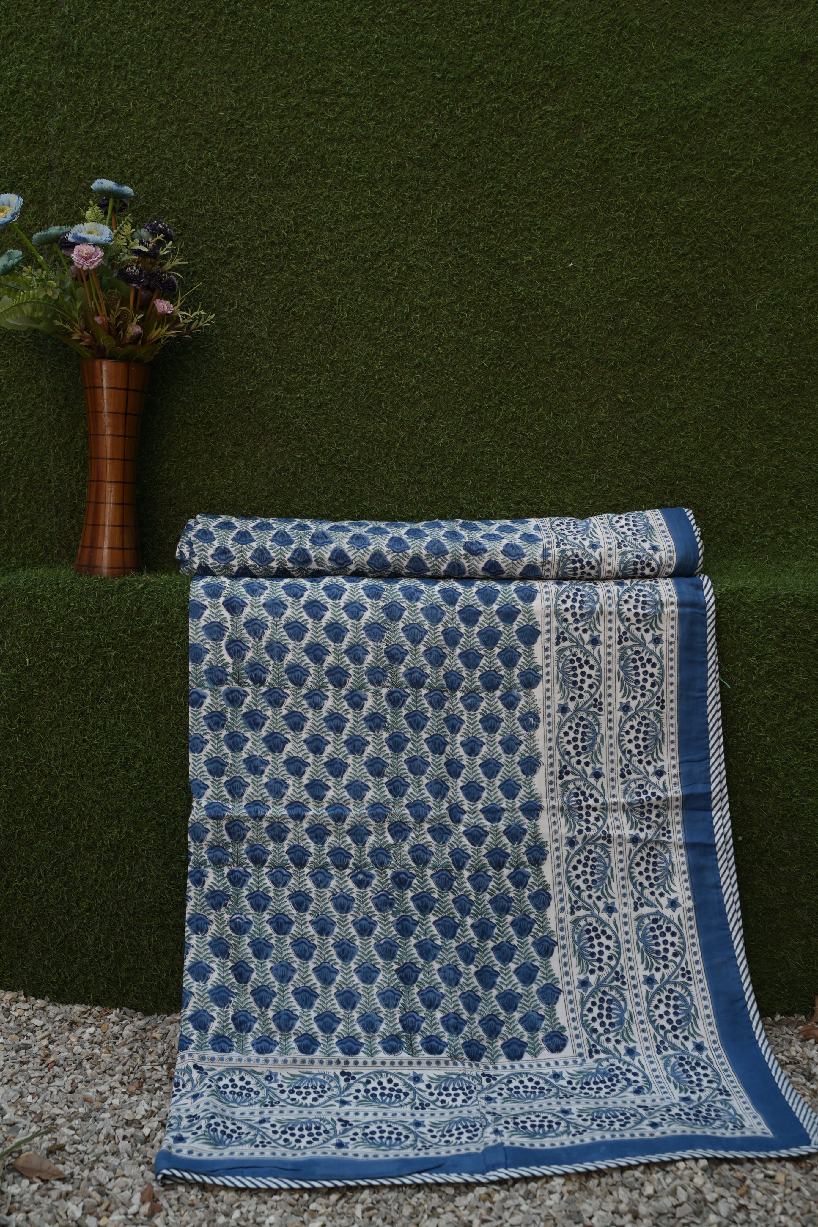 Indigo Ocean Floral Hand-Block Printed Pure Cotton Summer Dohar 60x90