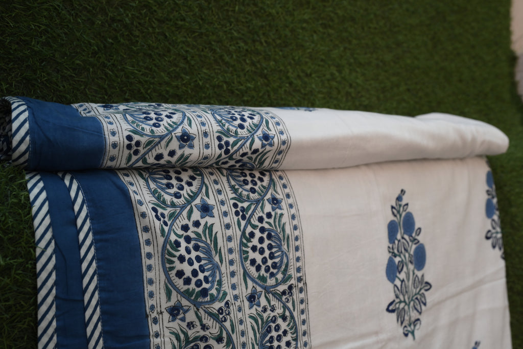 Indigo Ocean Floral Hand-Block Printed Pure Cotton Summer Dohar 60x90