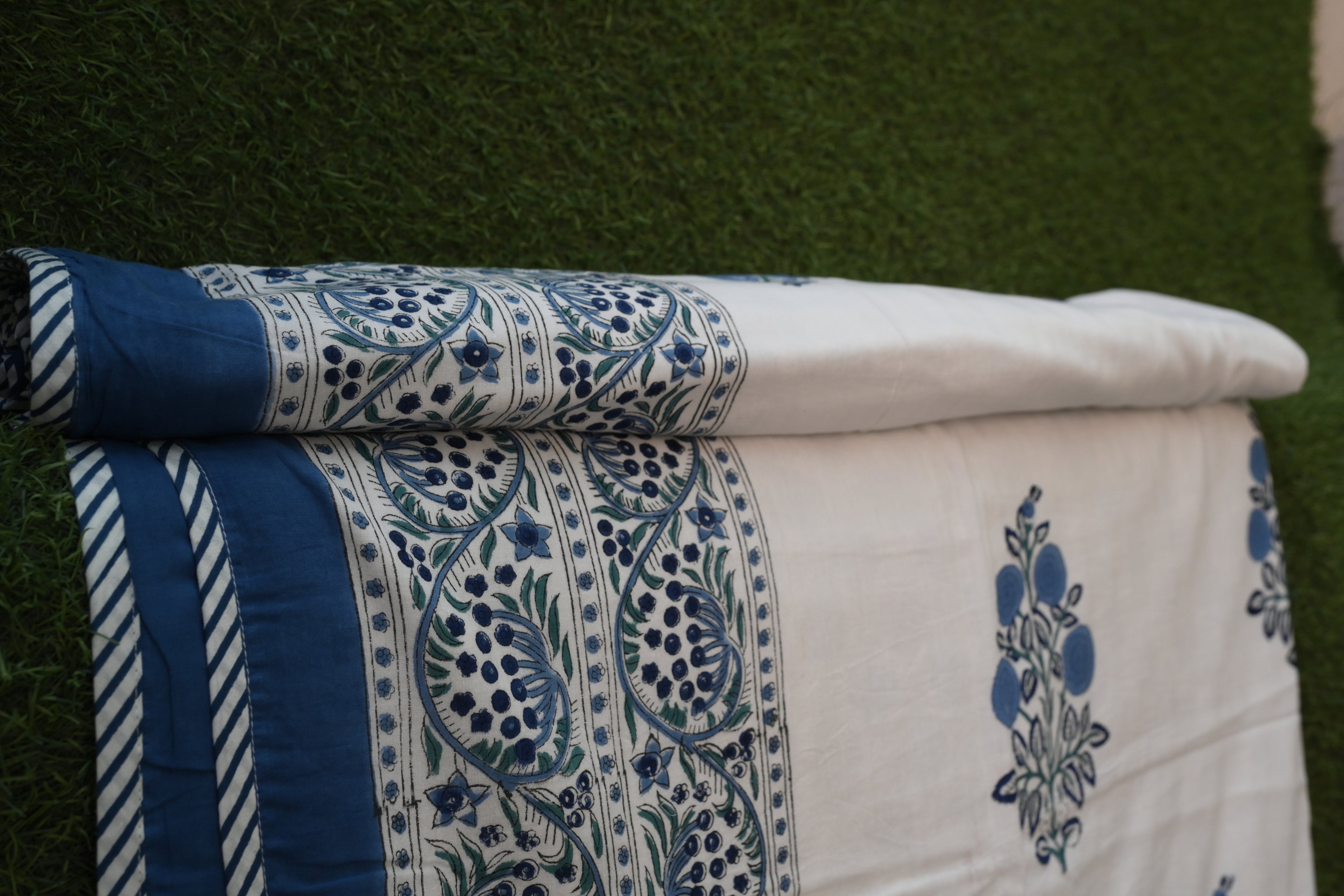 Indigo Ocean Floral Hand-Block Printed Pure Cotton Summer Dohar 60x90