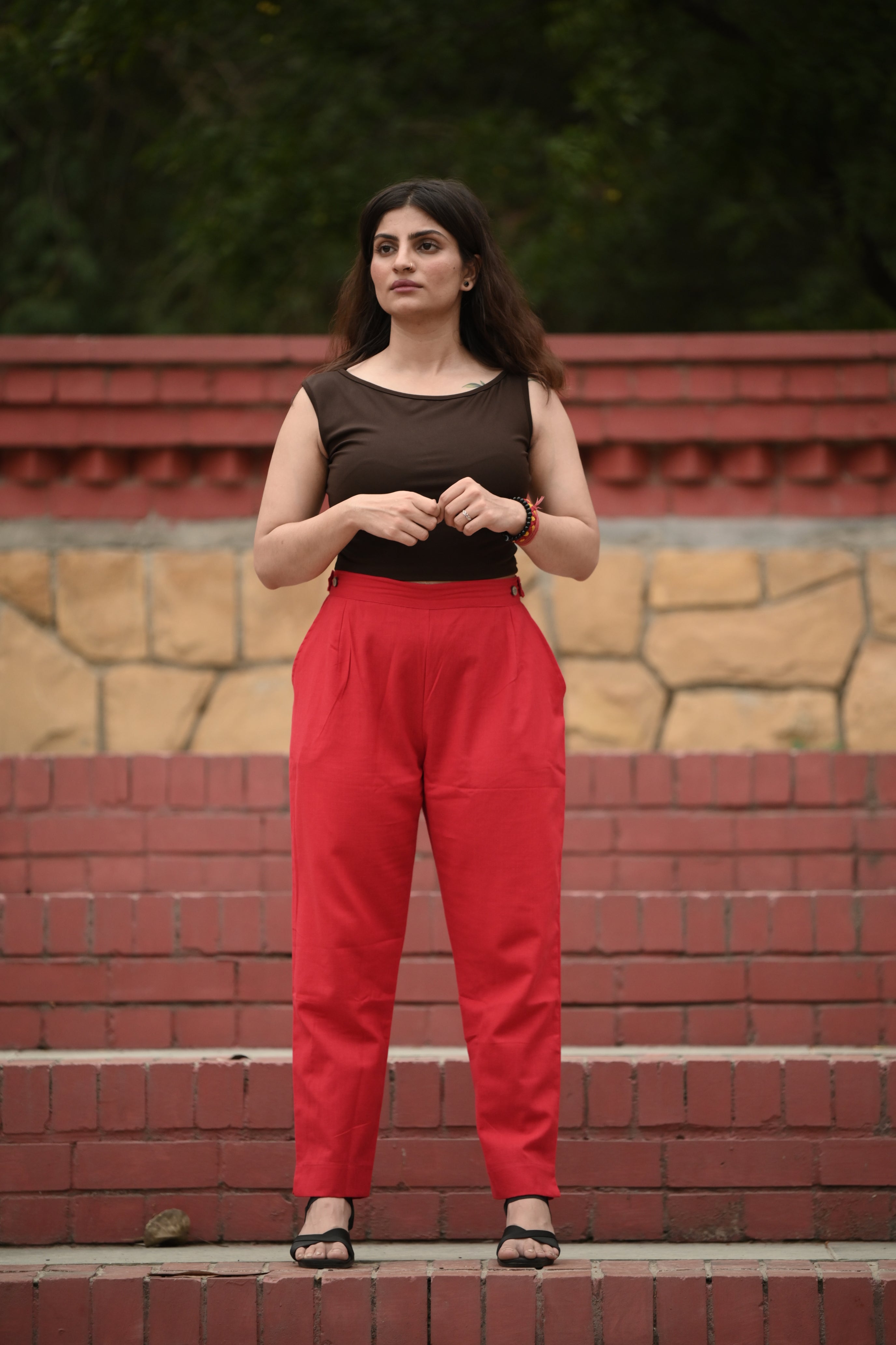 Classic Crimson Red Pleated Cotton Trousers