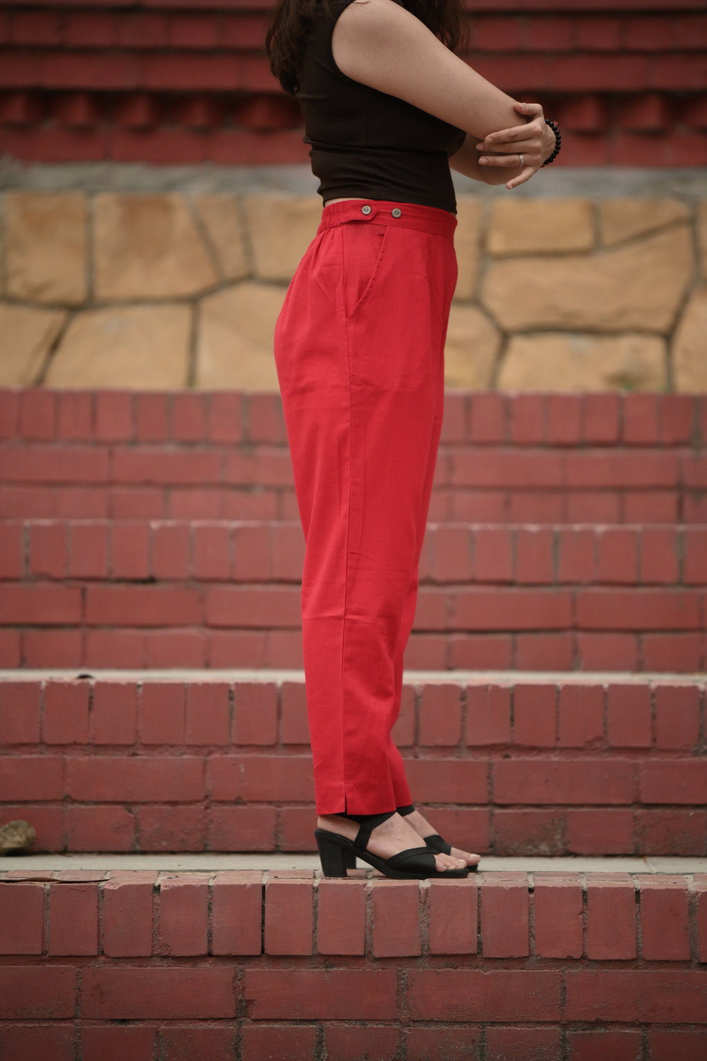 Classic Crimson Red Pleated Cotton Trousers