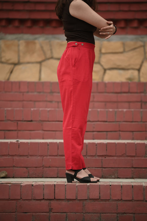 Classic Crimson Red Pleated Cotton Trousers