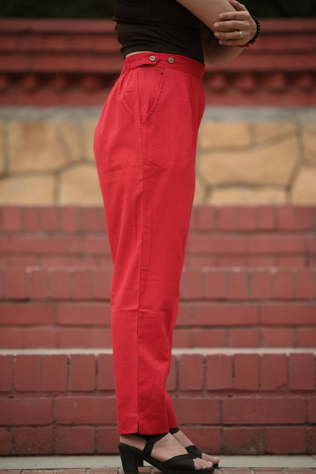 Classic Crimson Red Pleated Cotton Trousers