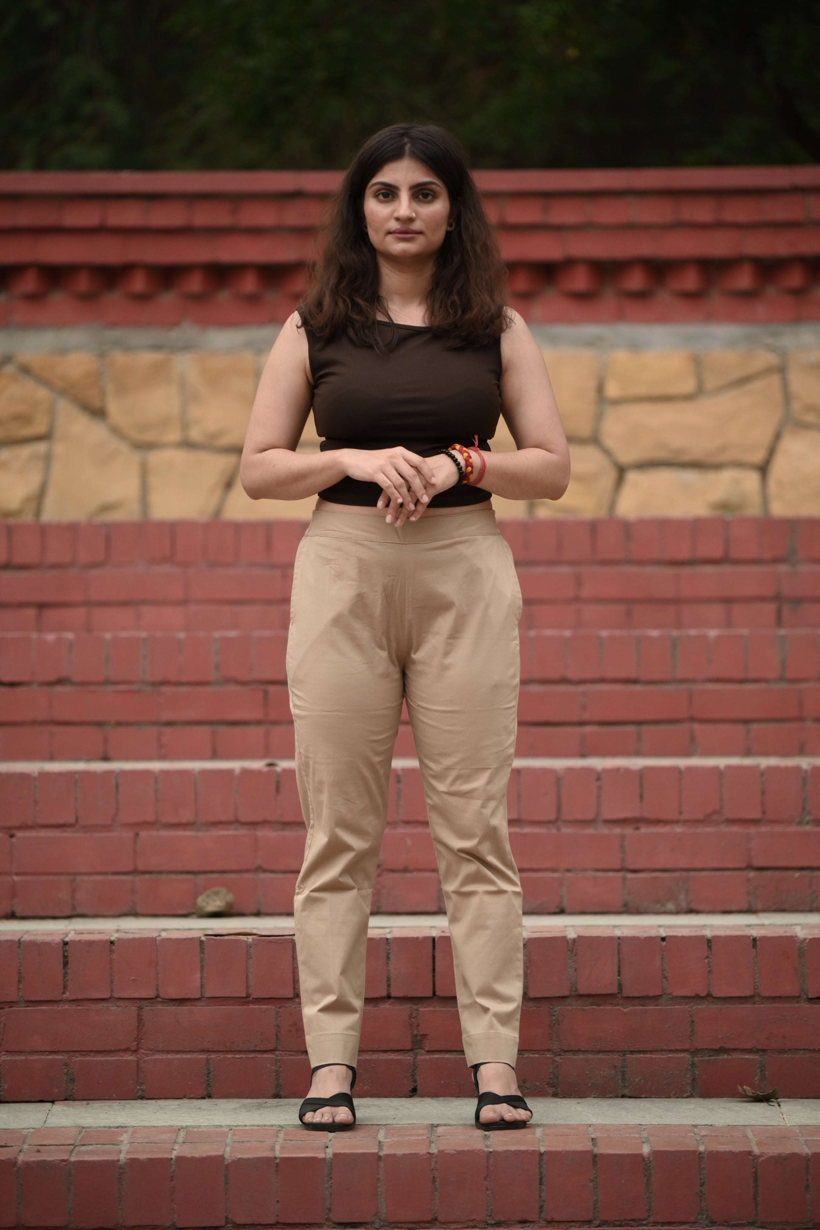Neutral Beige Tailored Cotton Trousers