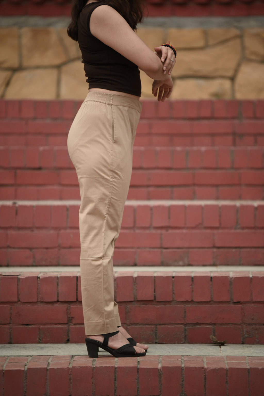 Neutral Beige Tailored Cotton Trousers