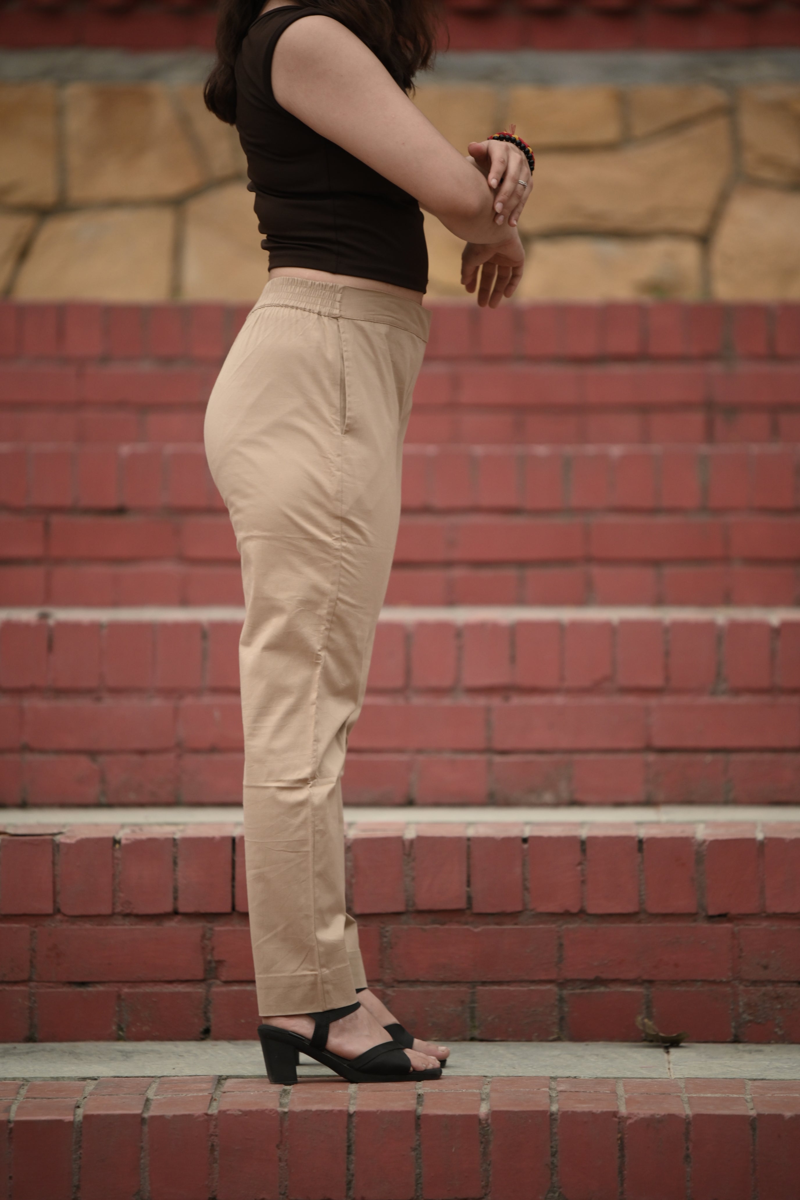 Neutral Beige Tailored Cotton Trousers