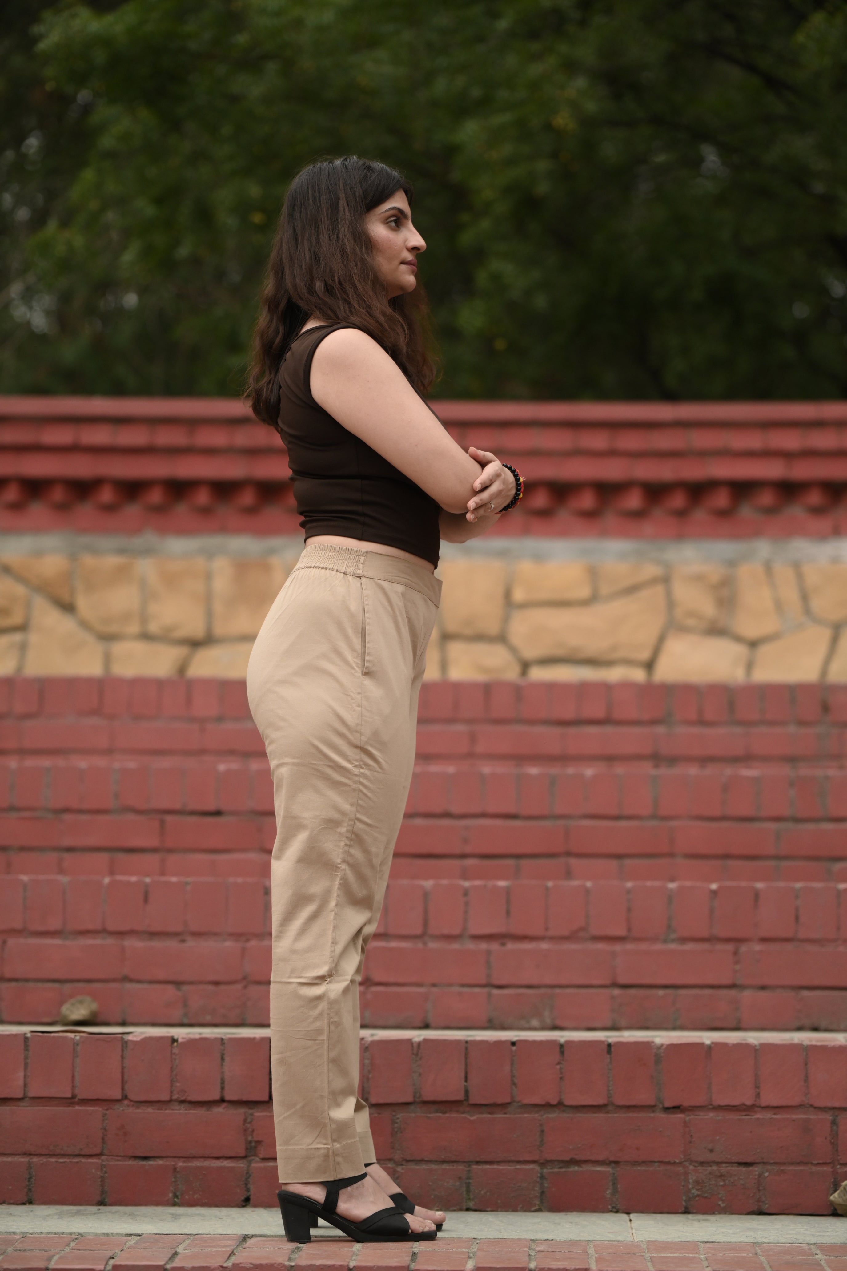 Neutral Beige Tailored Cotton Trousers