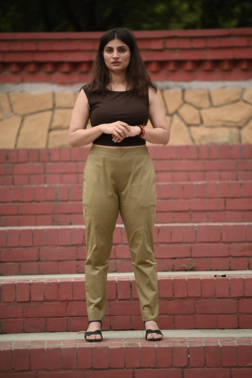 Muted Olive Tailored Pure Cotton Trousers