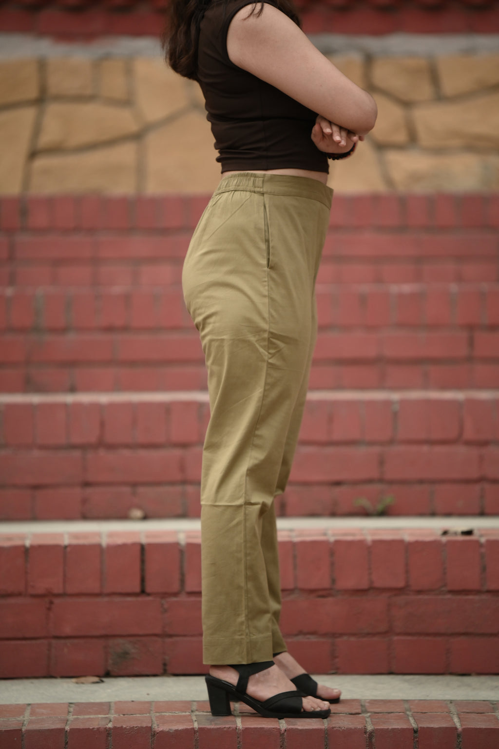 Muted Olive Tailored Pure Cotton Trousers