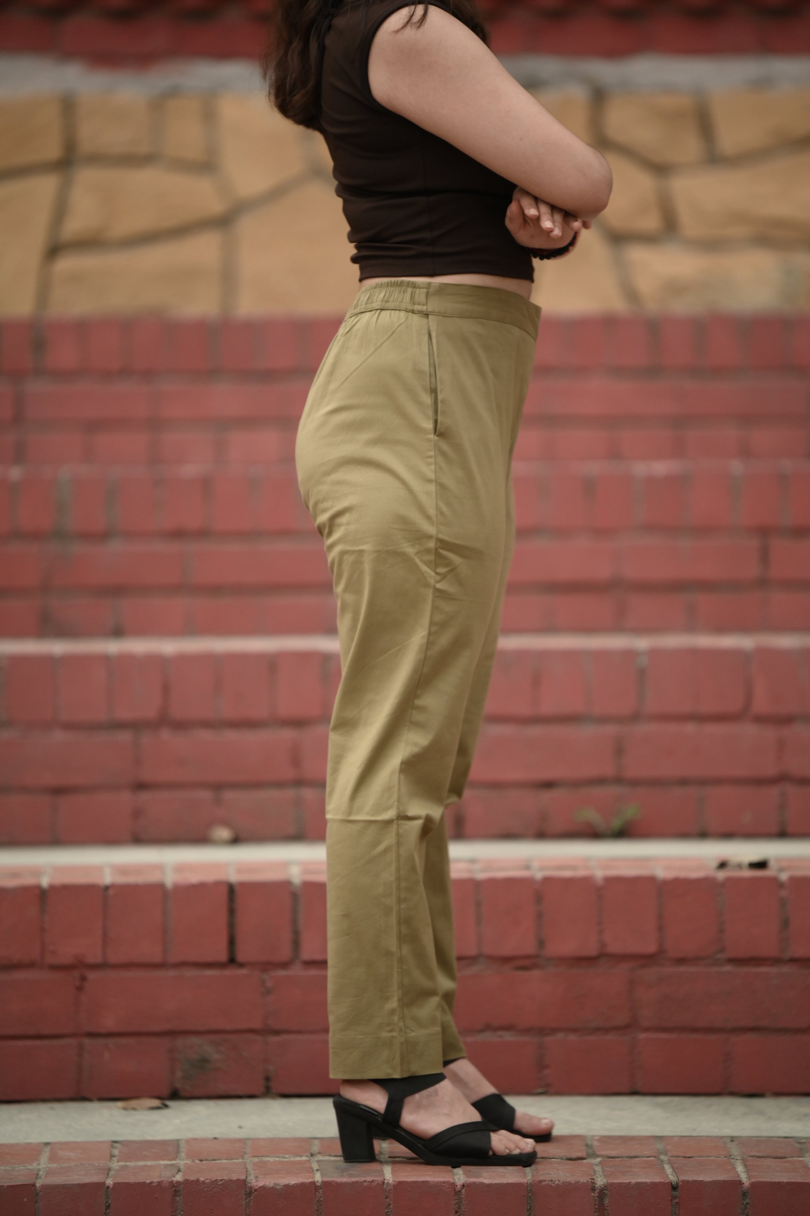 Muted Olive Tailored Pure Cotton Trousers