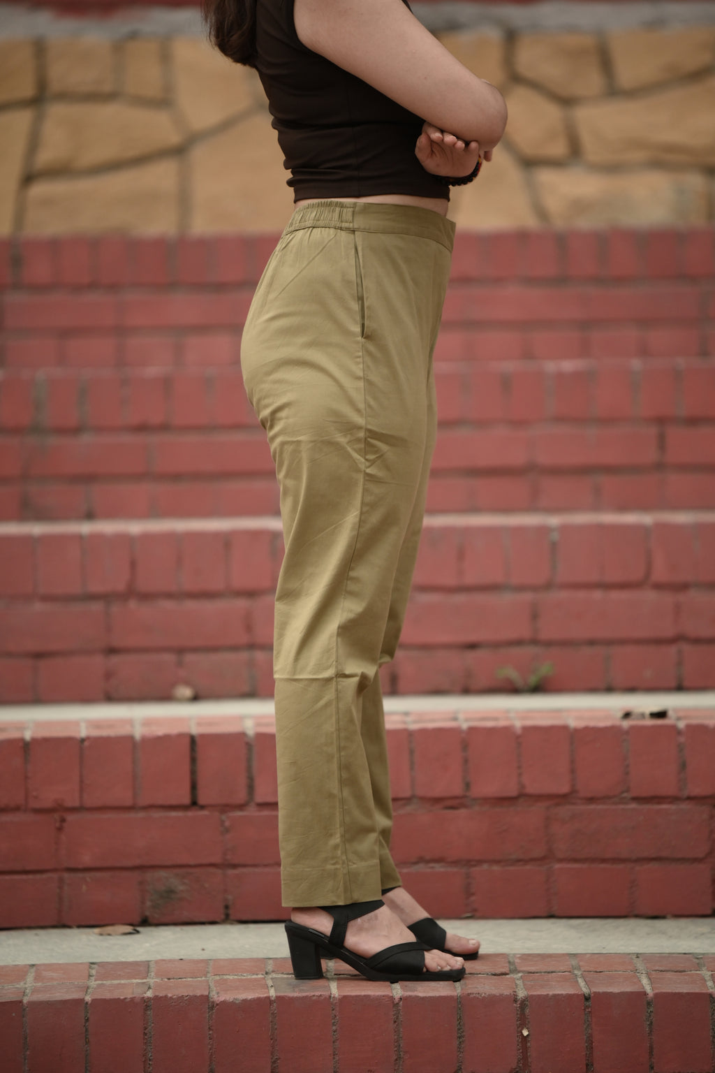 Muted Olive Tailored Pure Cotton Trousers