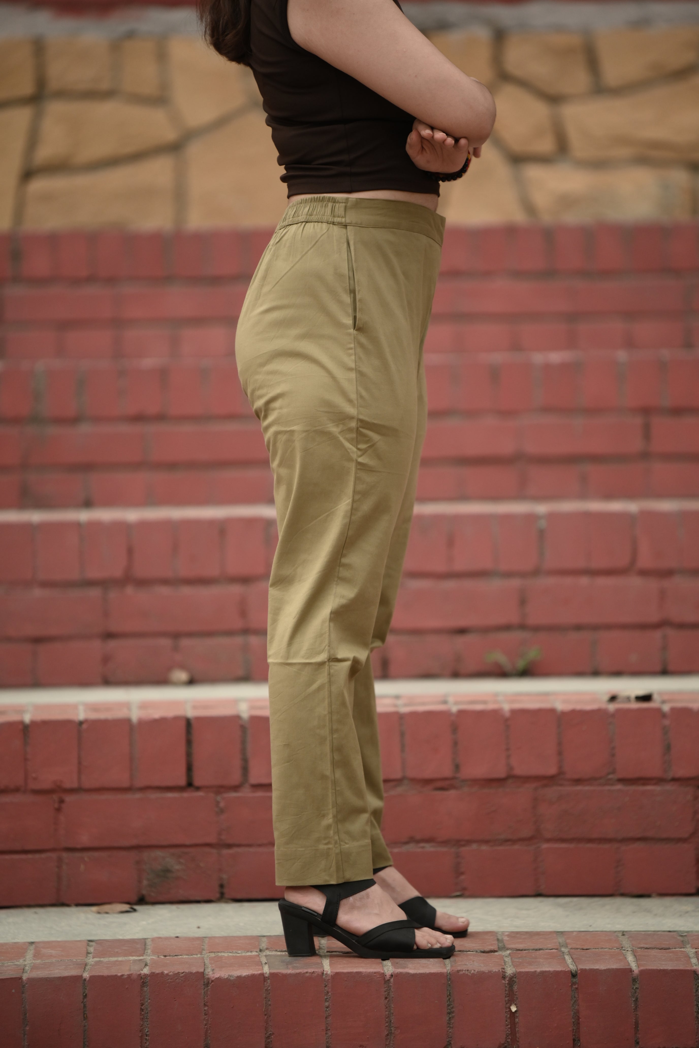 Muted Olive Tailored Pure Cotton Trousers
