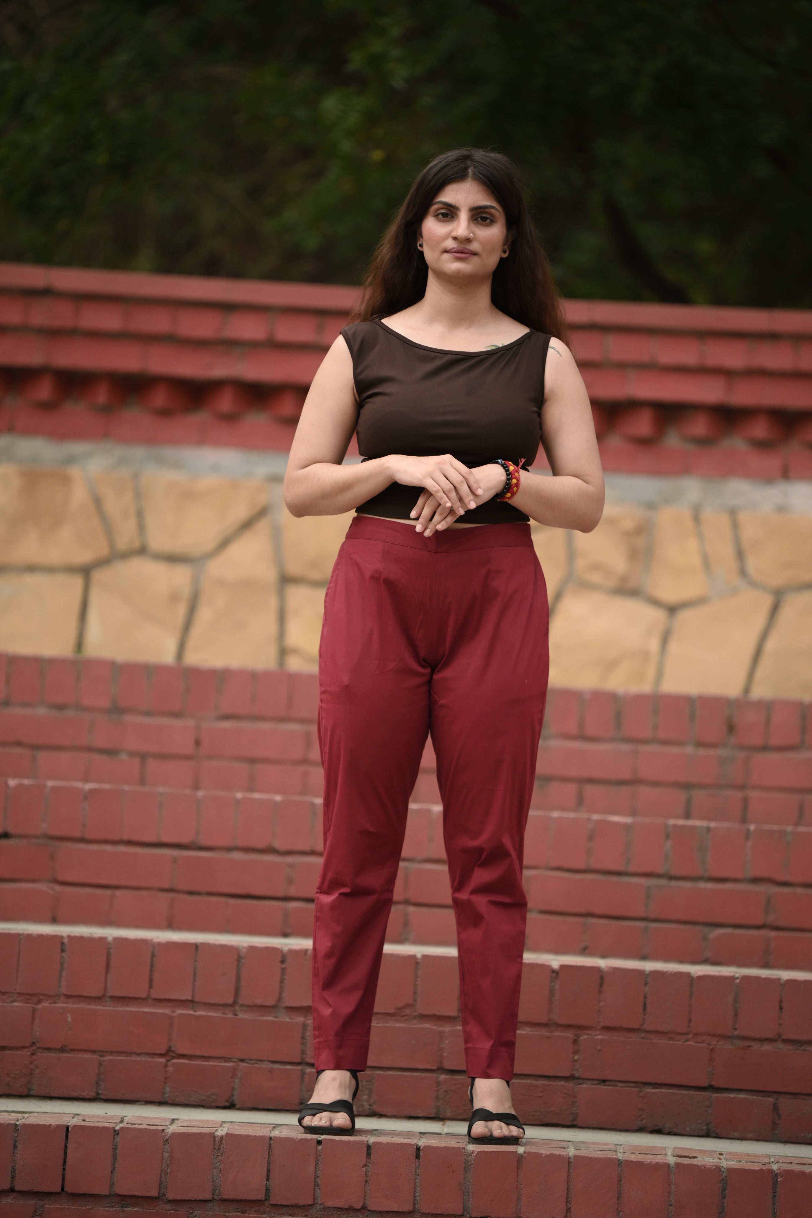 Deep Maroon Tailored Pure Cotton Trousers