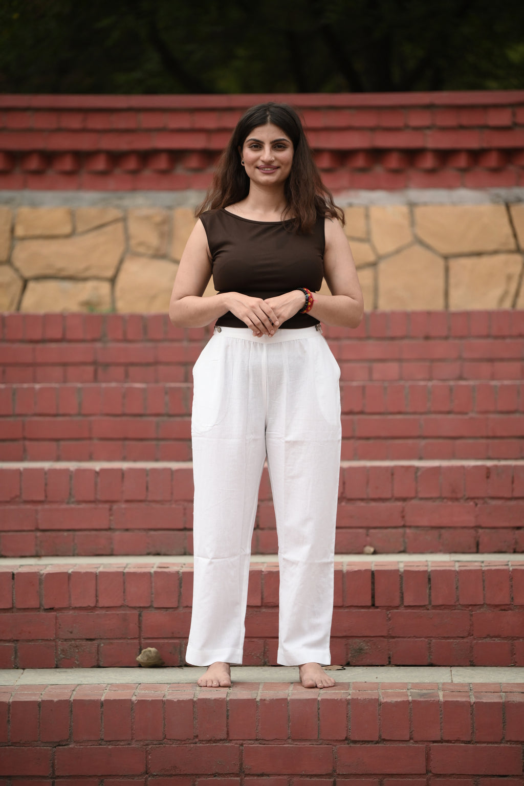 White Tailored Cotton Trousers with Side Slit Hem