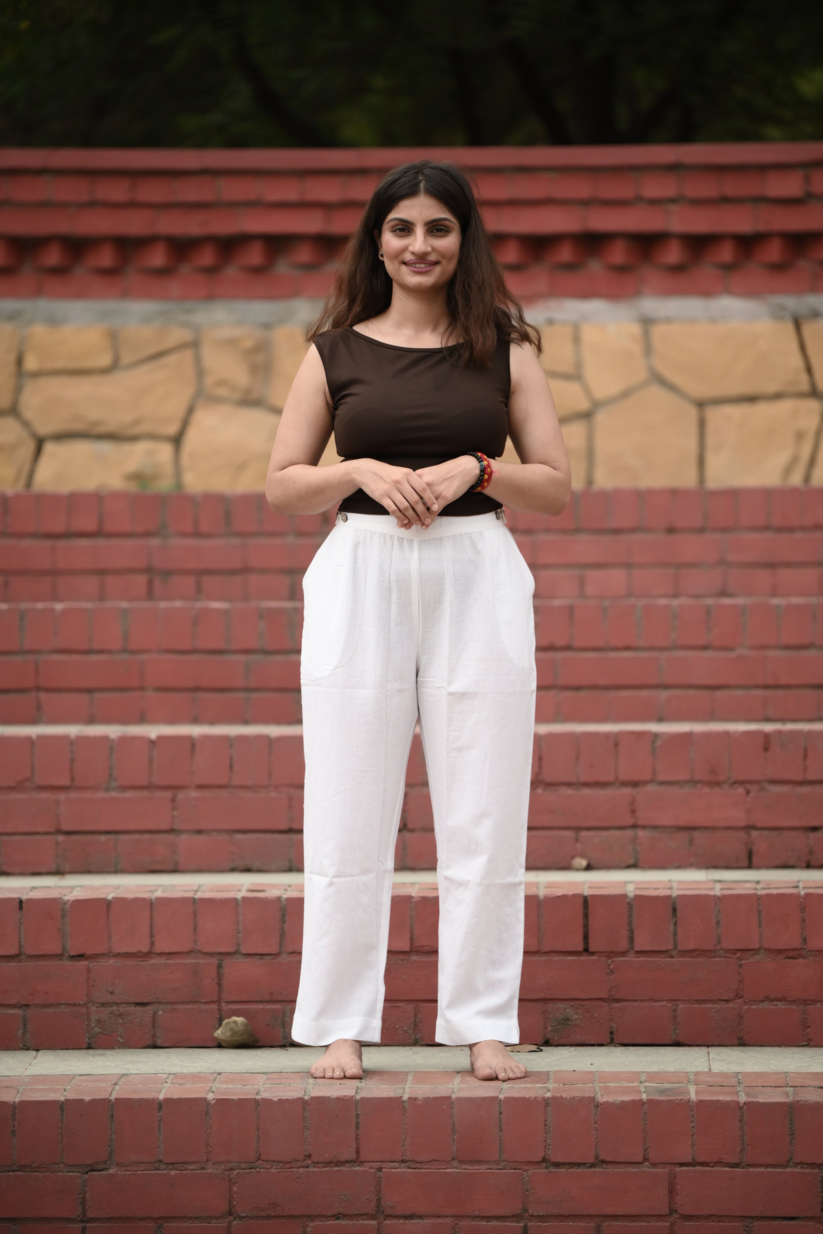 White Tailored Cotton Trousers with Side Slit Hem