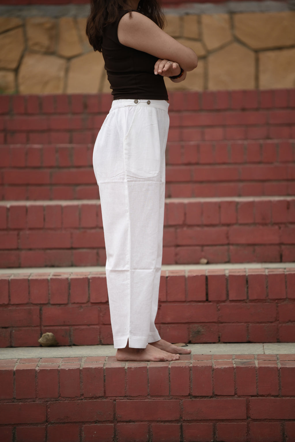 White Tailored Cotton Trousers with Side Slit Hem