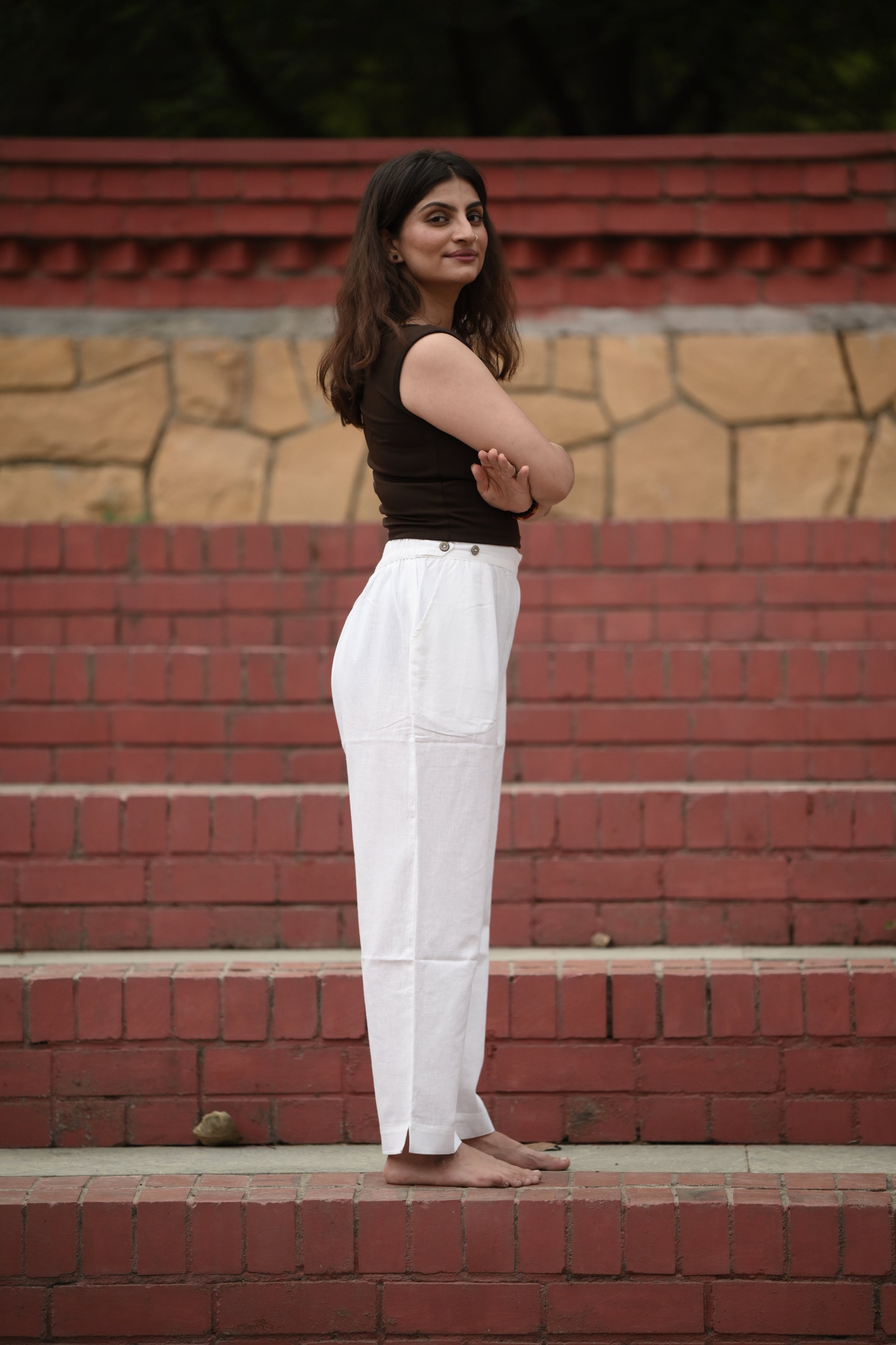 White Tailored Cotton Trousers with Side Slit Hem