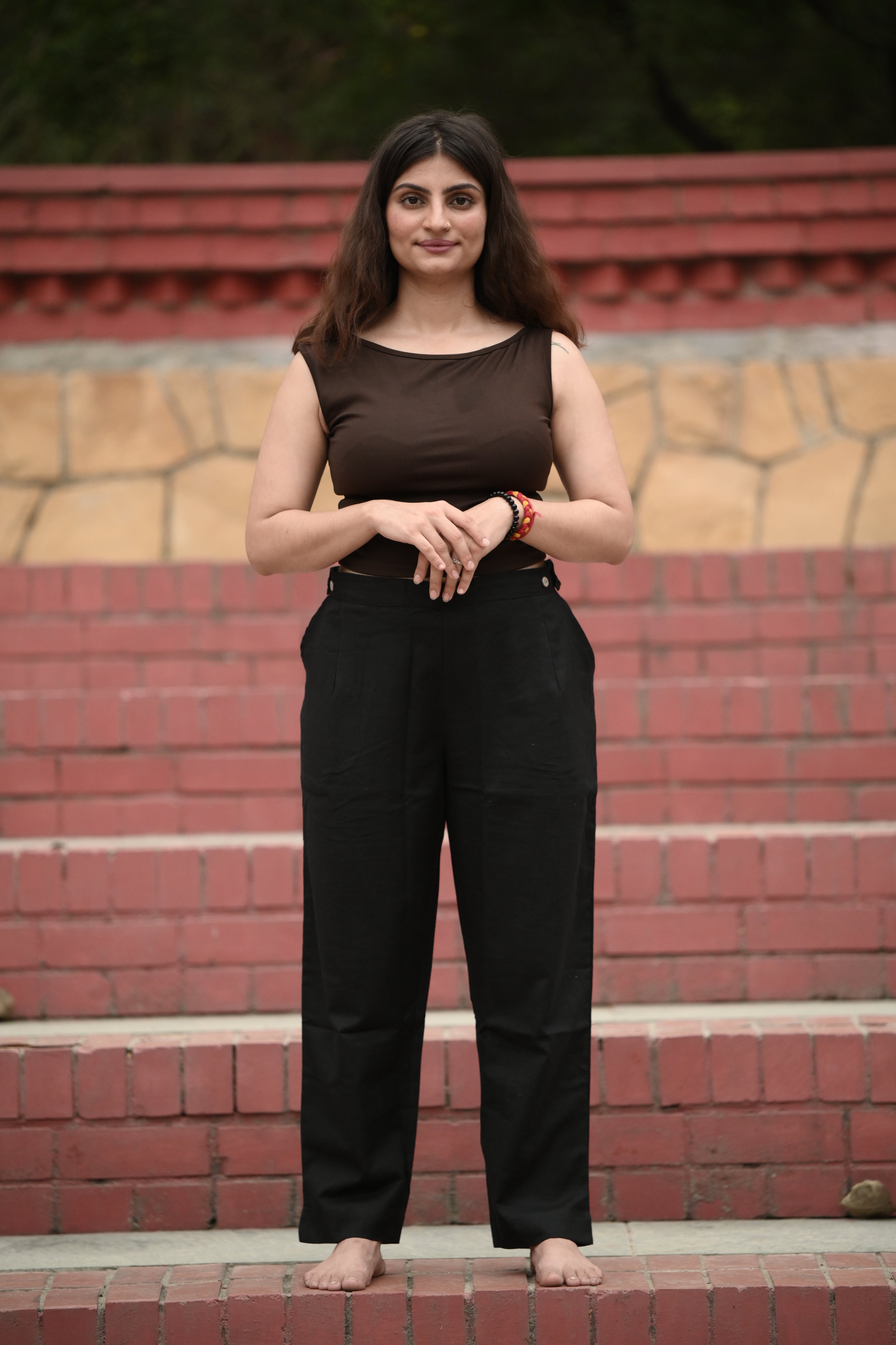 Black Tailored Cotton Trousers with Side Button Tab Waistband