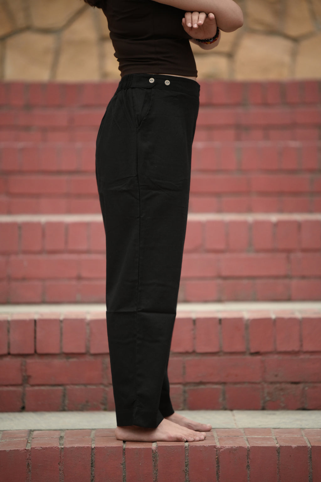 Black Tailored Cotton Trousers with Side Button Tab Waistband