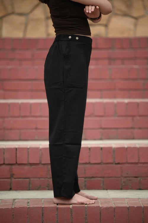 Black Tailored Cotton Trousers with Side Button Tab Waistband
