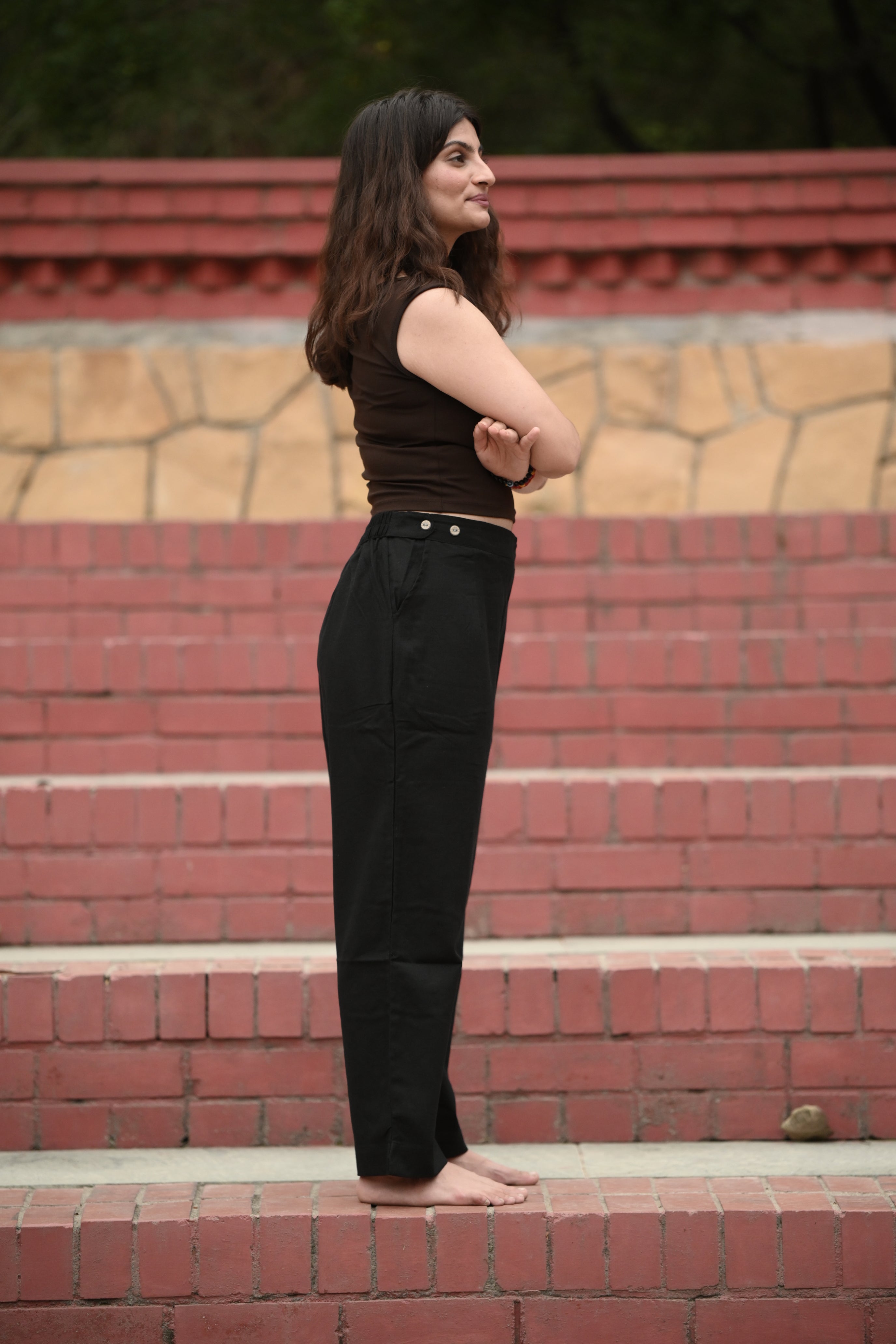 Black Tailored Cotton Trousers with Side Button Tab Waistband