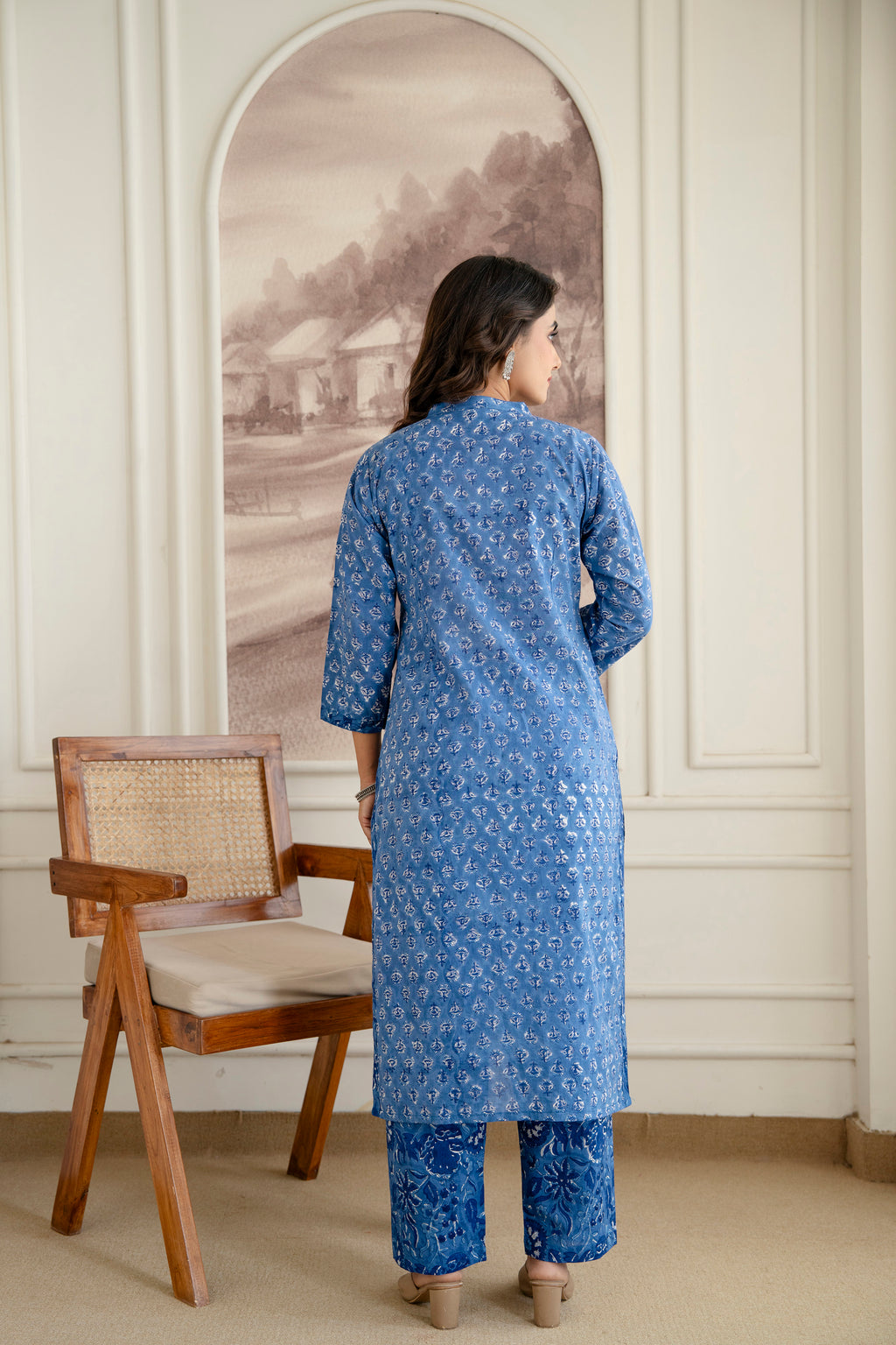 Royal Indigo Floral Hand-Block Printed Pure Cotton Kurta Set
