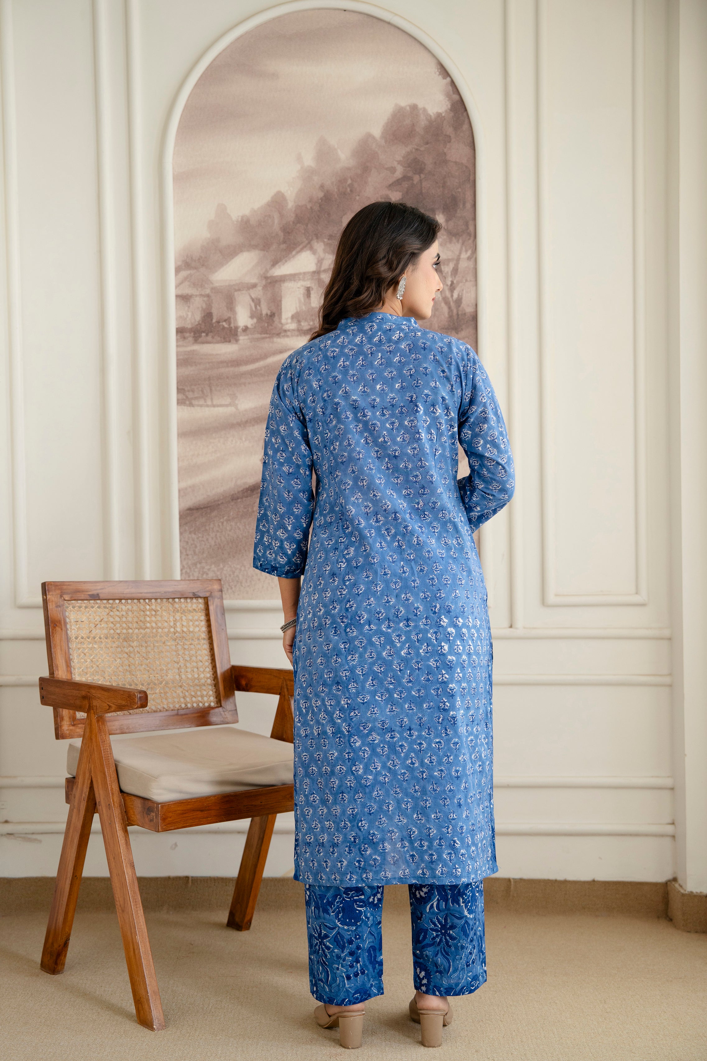 Royal Indigo Floral Hand-Block Printed Pure Cotton Kurta Set