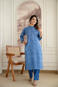 Royal Indigo Floral Hand-Block Printed Pure Cotton Kurta Set