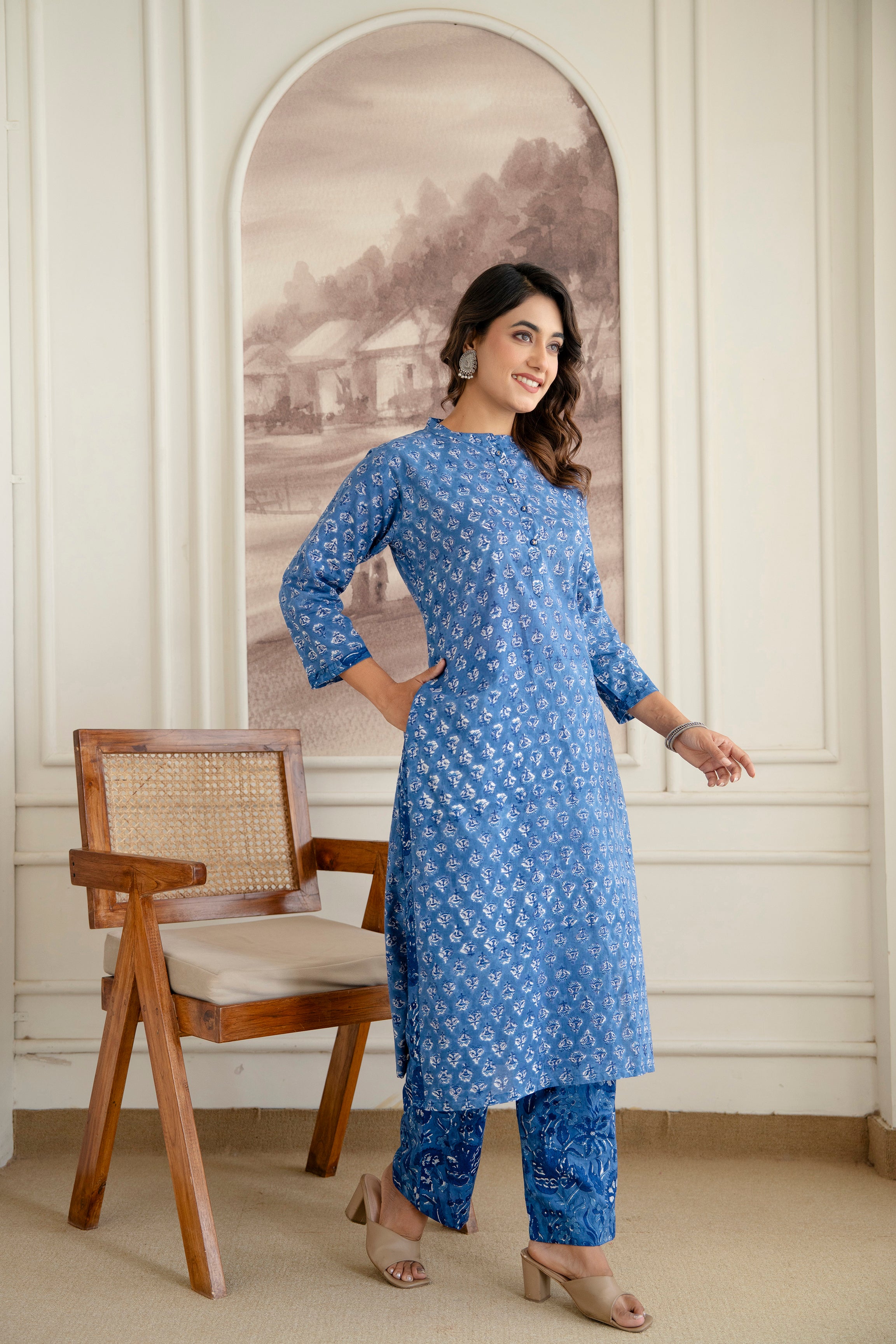 Royal Indigo Floral Hand-Block Printed Pure Cotton Kurta Set