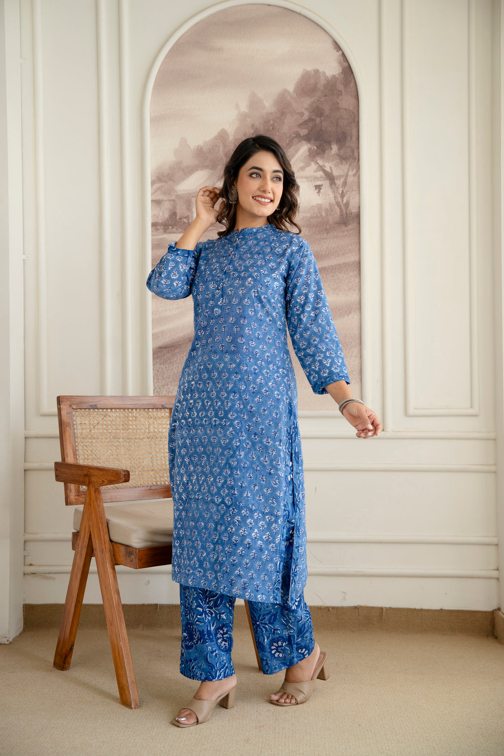 Royal Indigo Floral Hand-Block Printed Pure Cotton Kurta Set