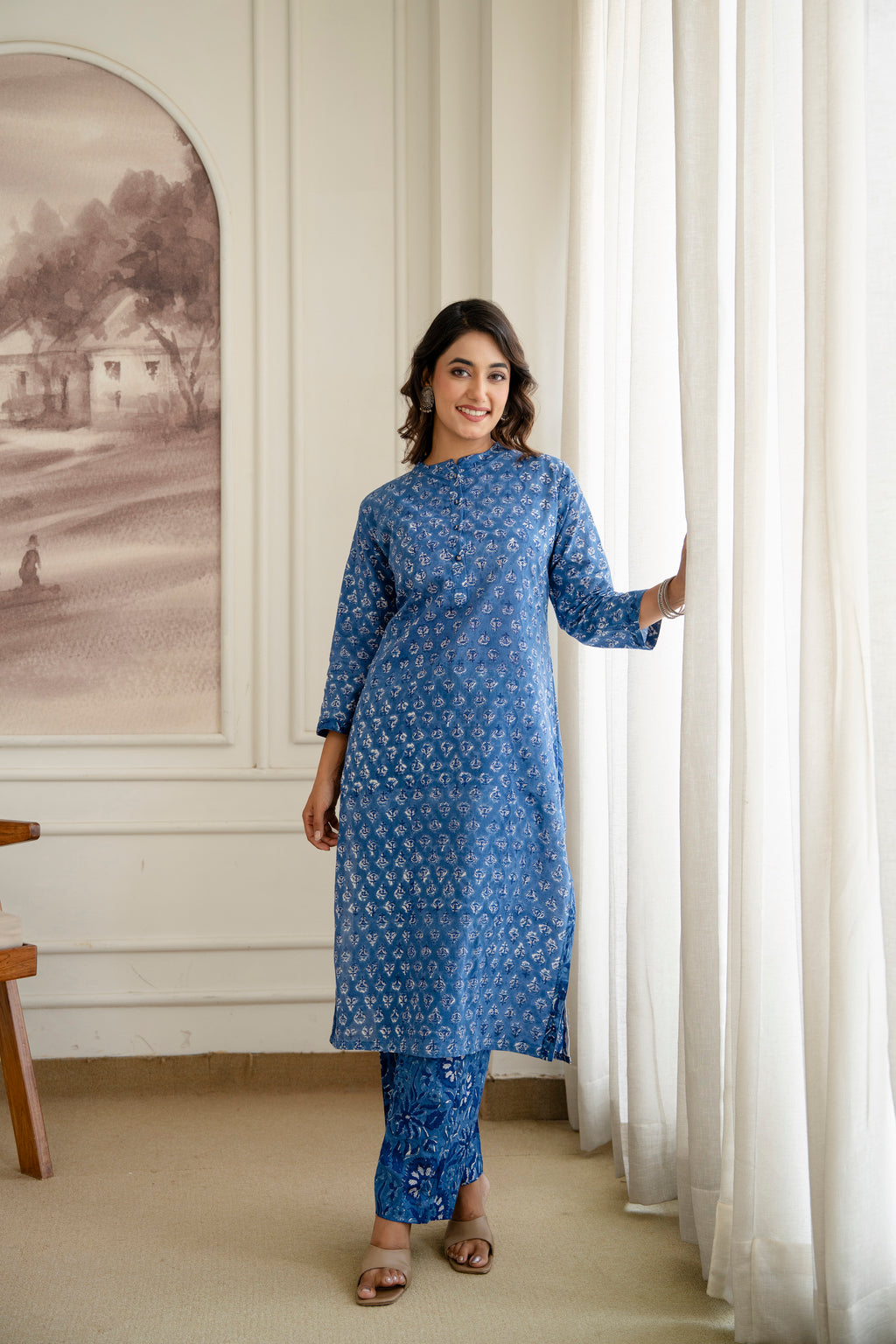 Royal Indigo Floral Hand-Block Printed Pure Cotton Kurta Set