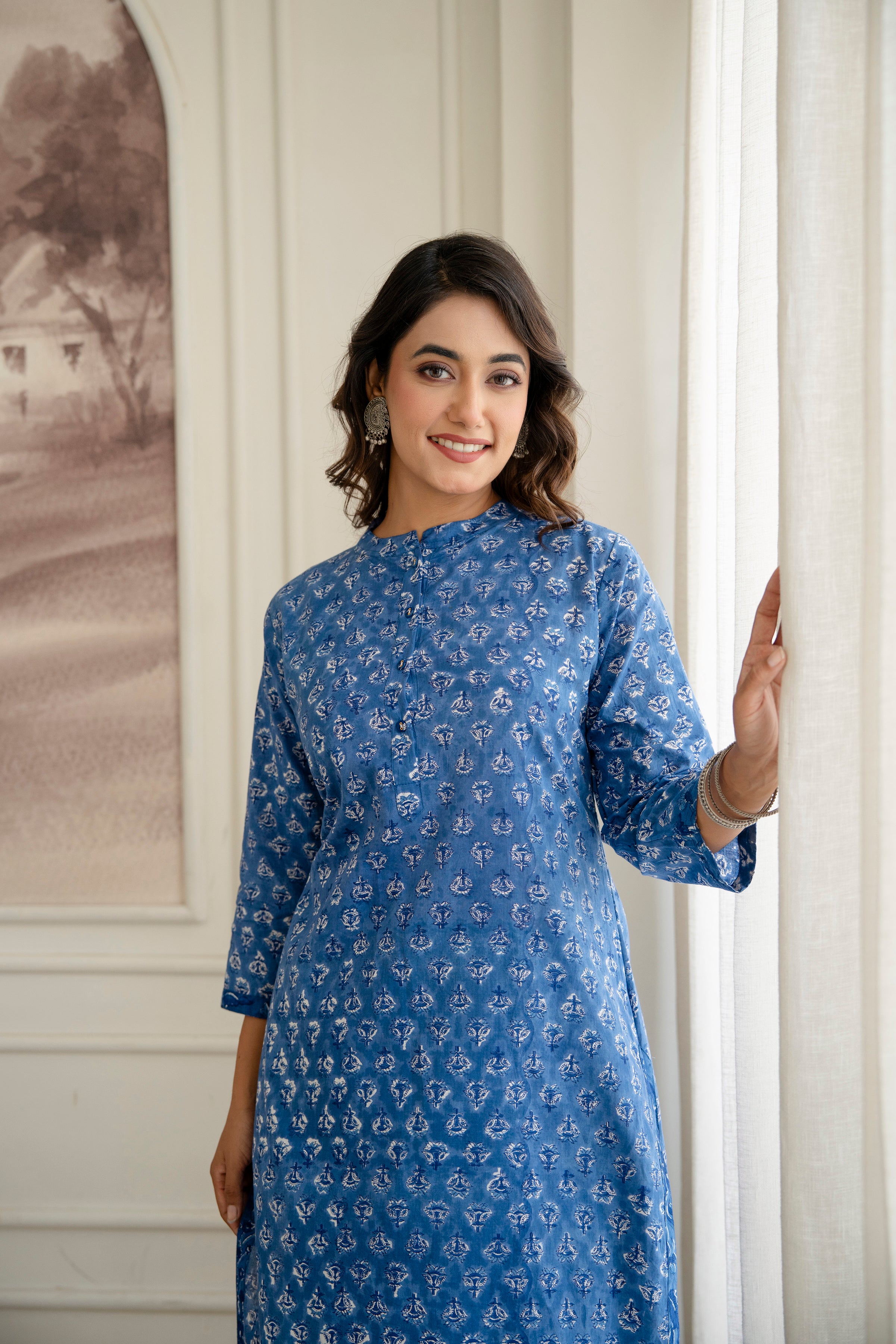 Royal Indigo Floral Hand-Block Printed Pure Cotton Kurta Set