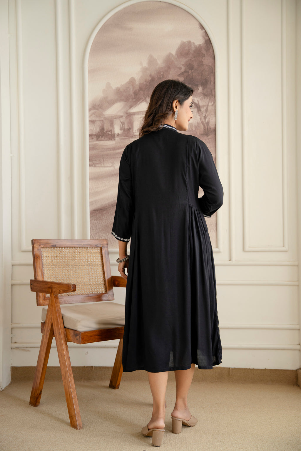 Embroidered Mandarin Collar A-Line Midi Dress