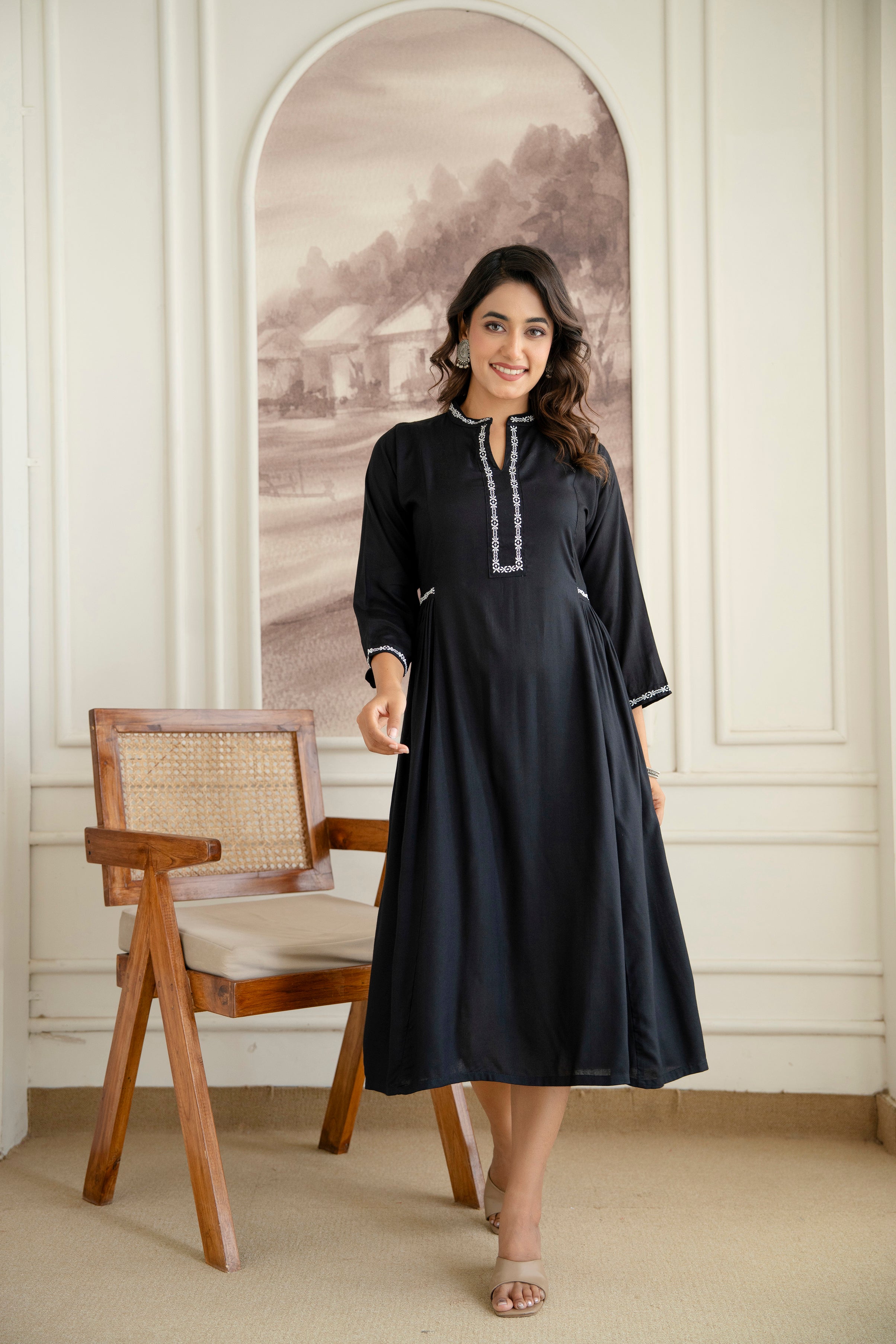 Embroidered Mandarin Collar A-Line Midi Dress