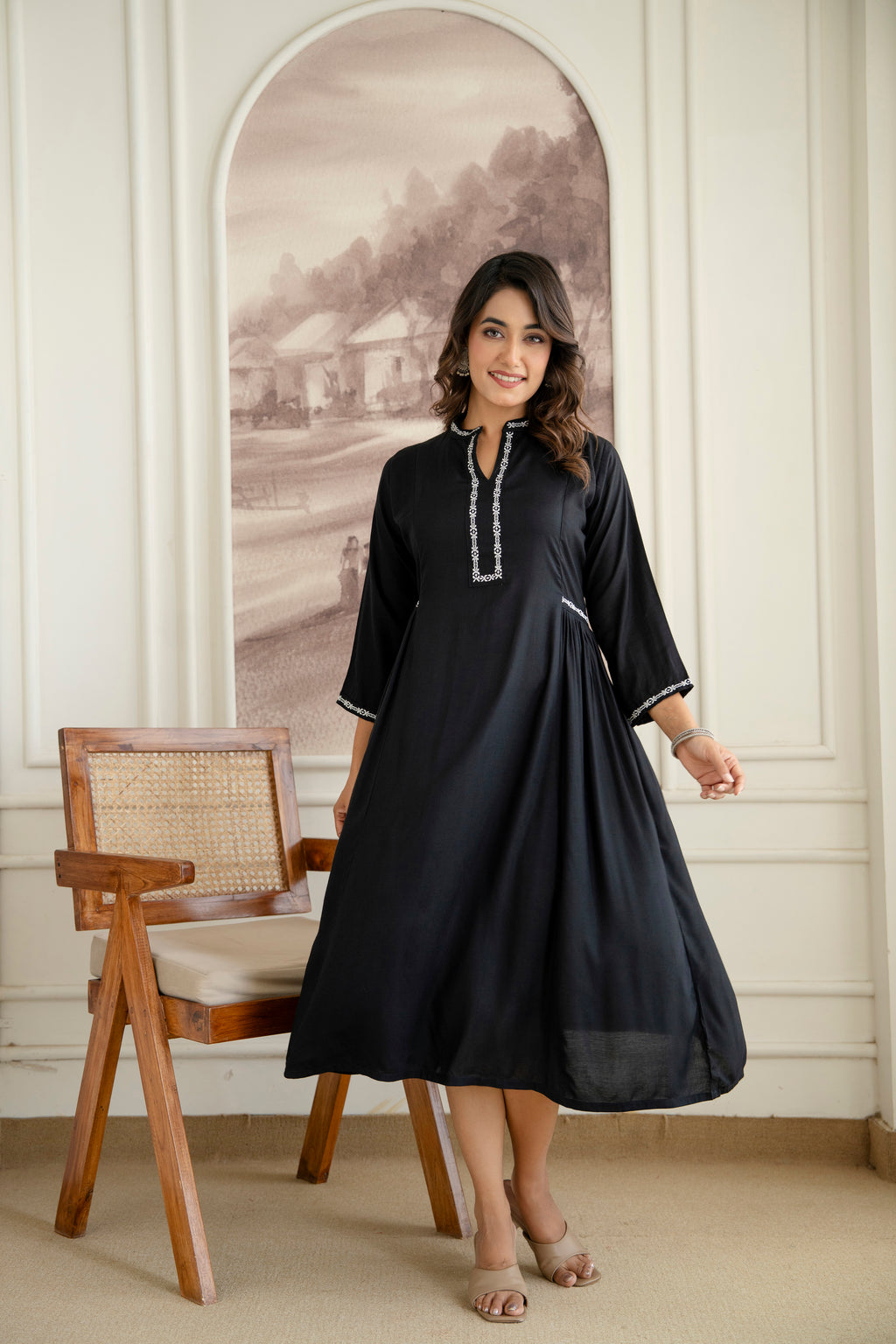 Embroidered Mandarin Collar A-Line Midi Dress