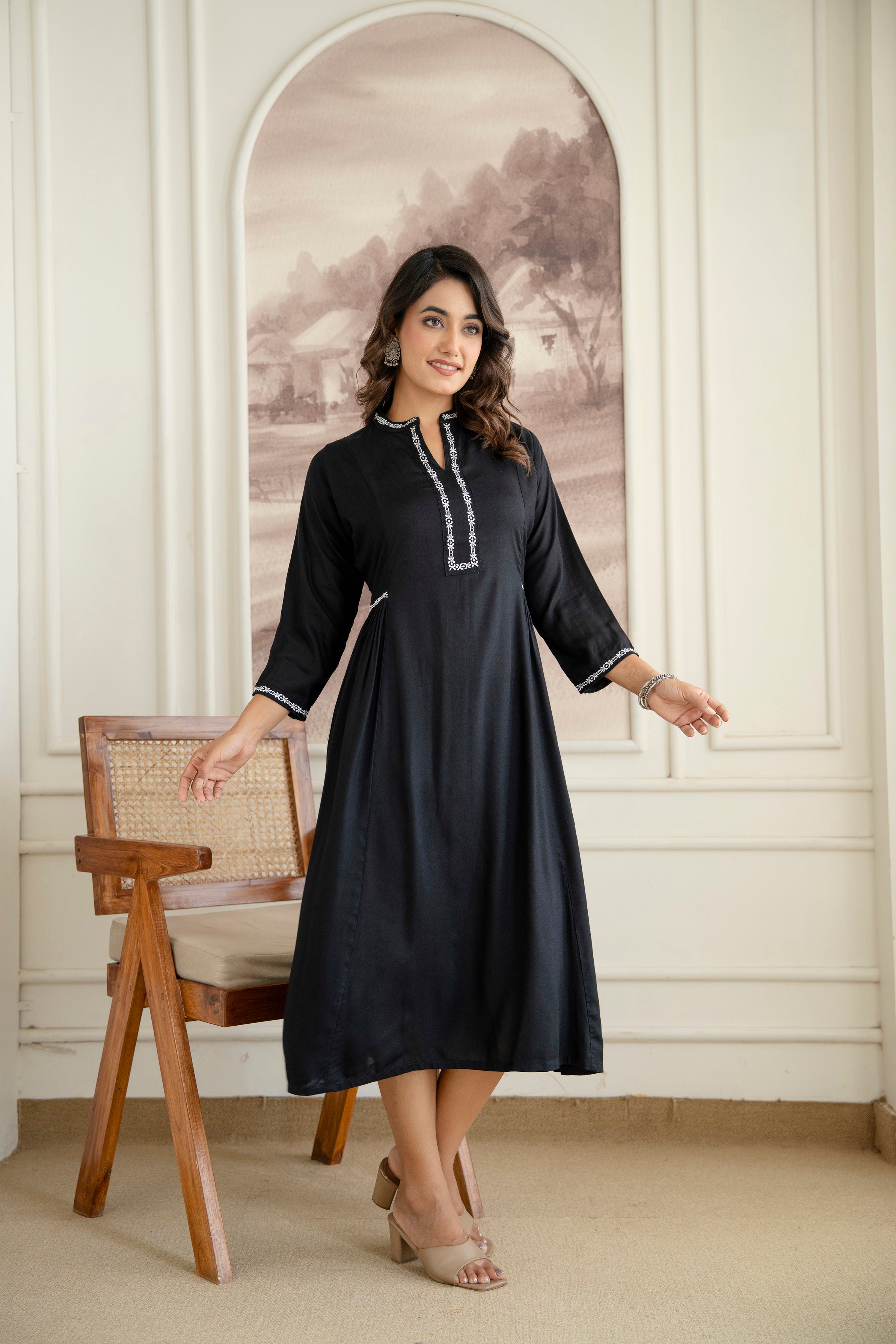 Embroidered Mandarin Collar A-Line Midi Dress