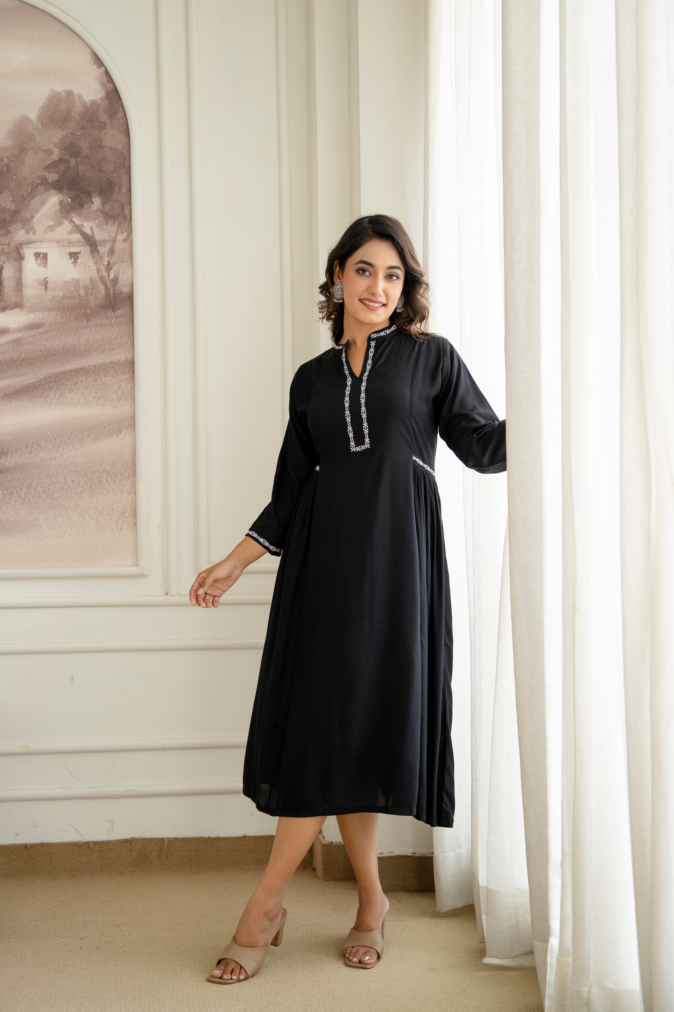 Embroidered Mandarin Collar A-Line Midi Dress