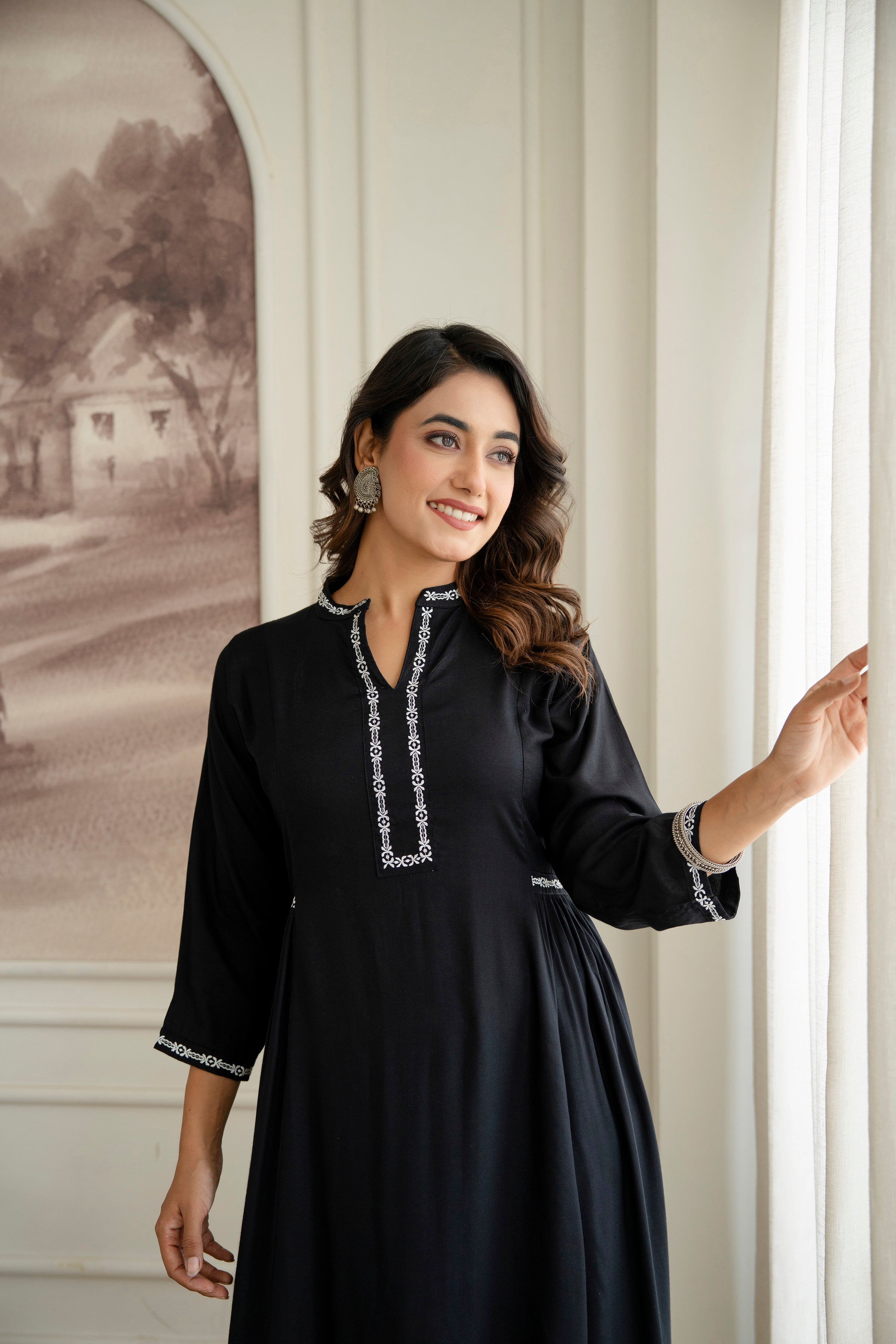 Embroidered Mandarin Collar A-Line Midi Dress