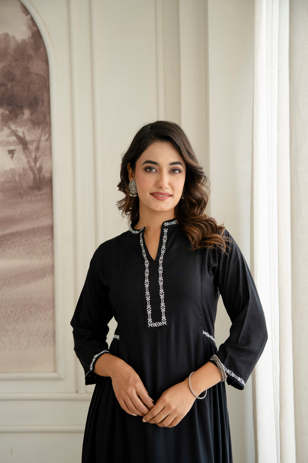 Embroidered Mandarin Collar A-Line Midi Dress