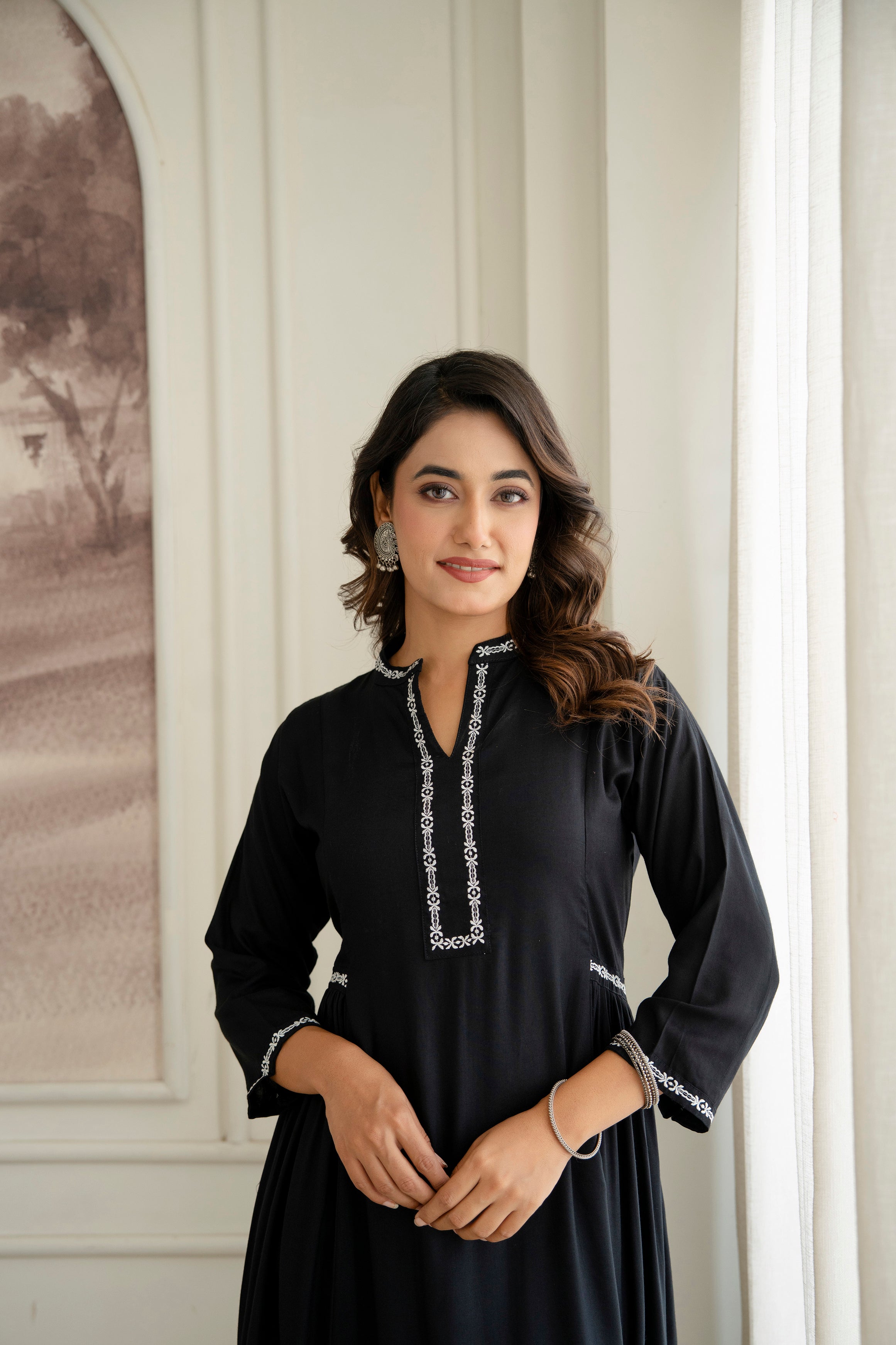 Embroidered Mandarin Collar A-Line Midi Dress