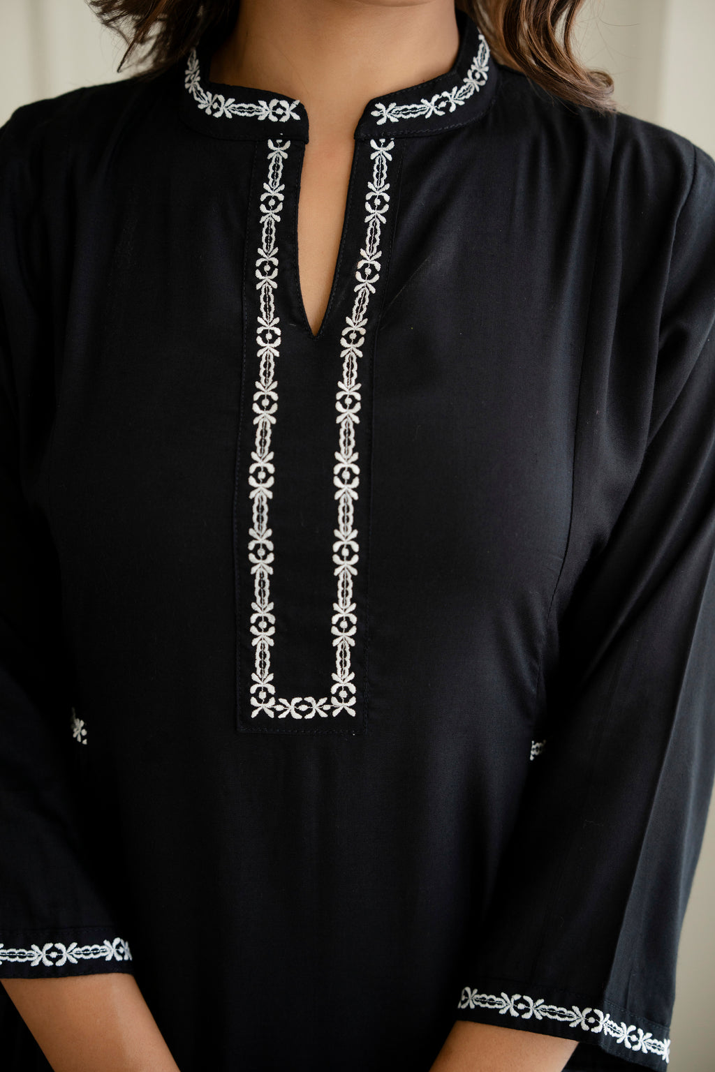 Embroidered Mandarin Collar A-Line Midi Dress